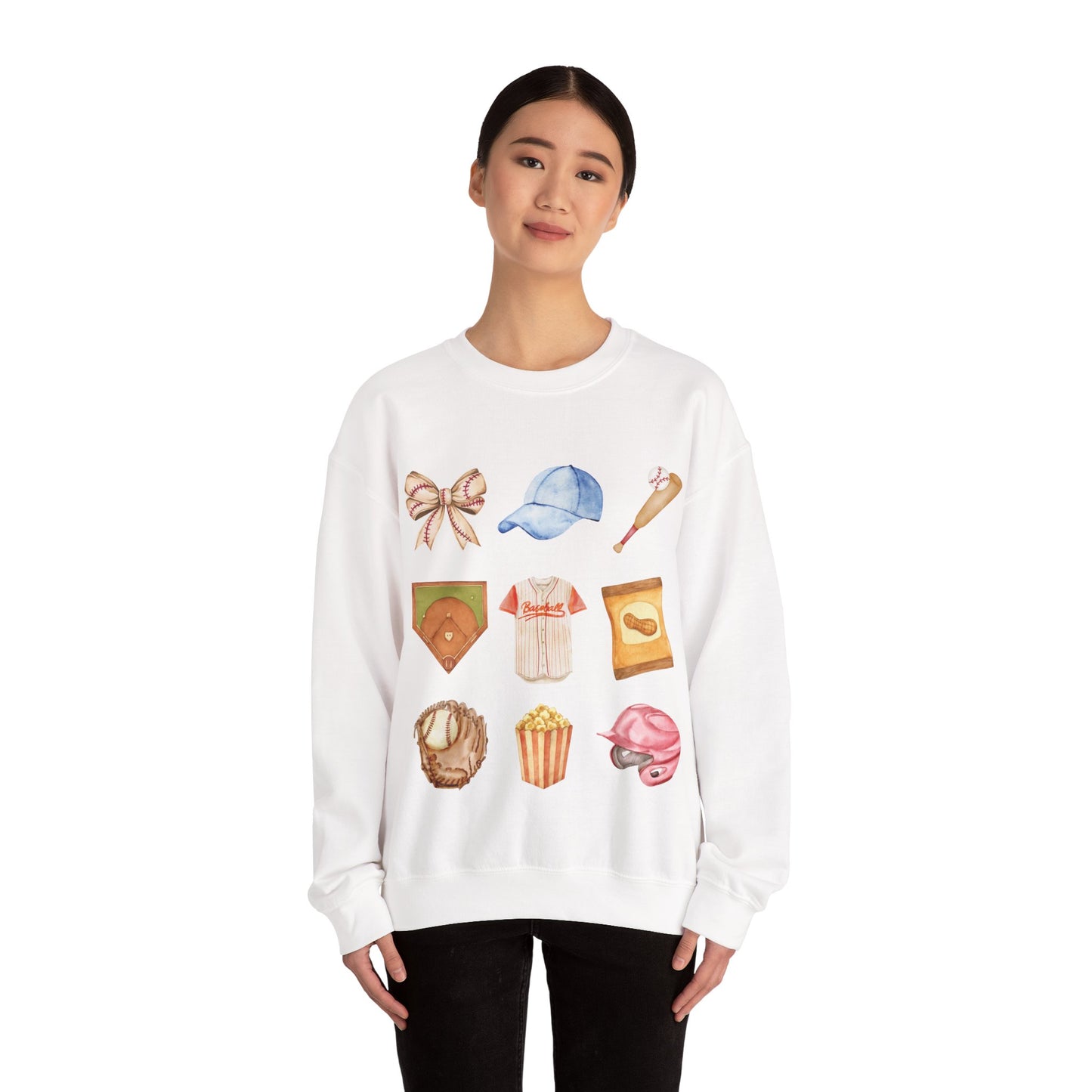 Baseball Icons Crewneck Sweatshirt — Watercolor Baseball Gear Graphic