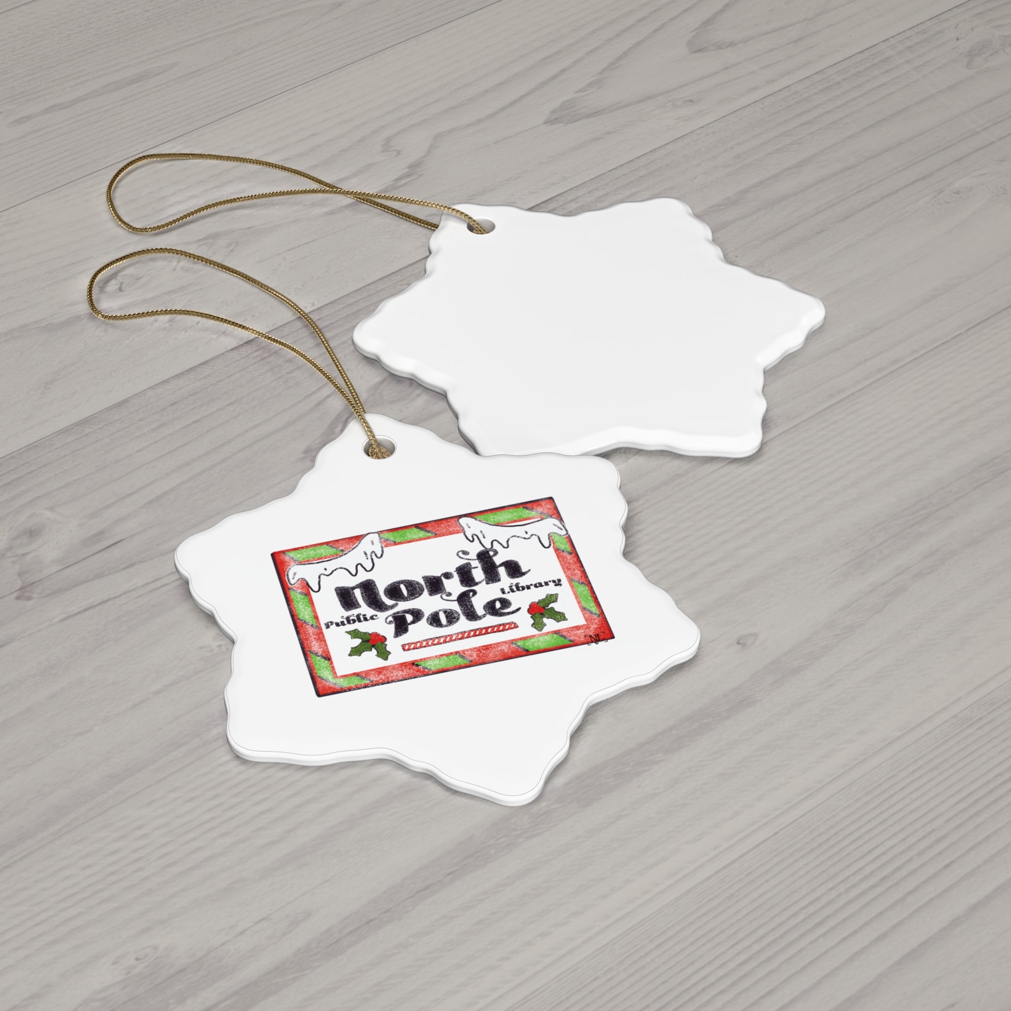 North Pole Library Ceramic Christmas Ornament