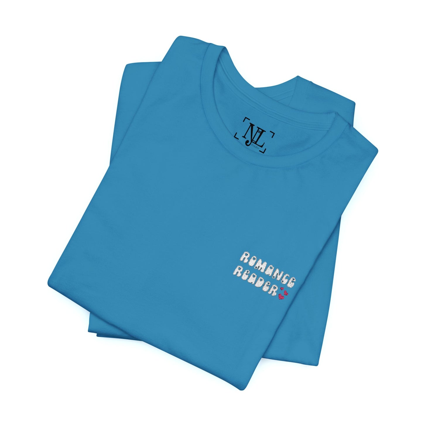 "Romance Reader" - Embroidered Literary Tee (White Text with Pink Hearts)