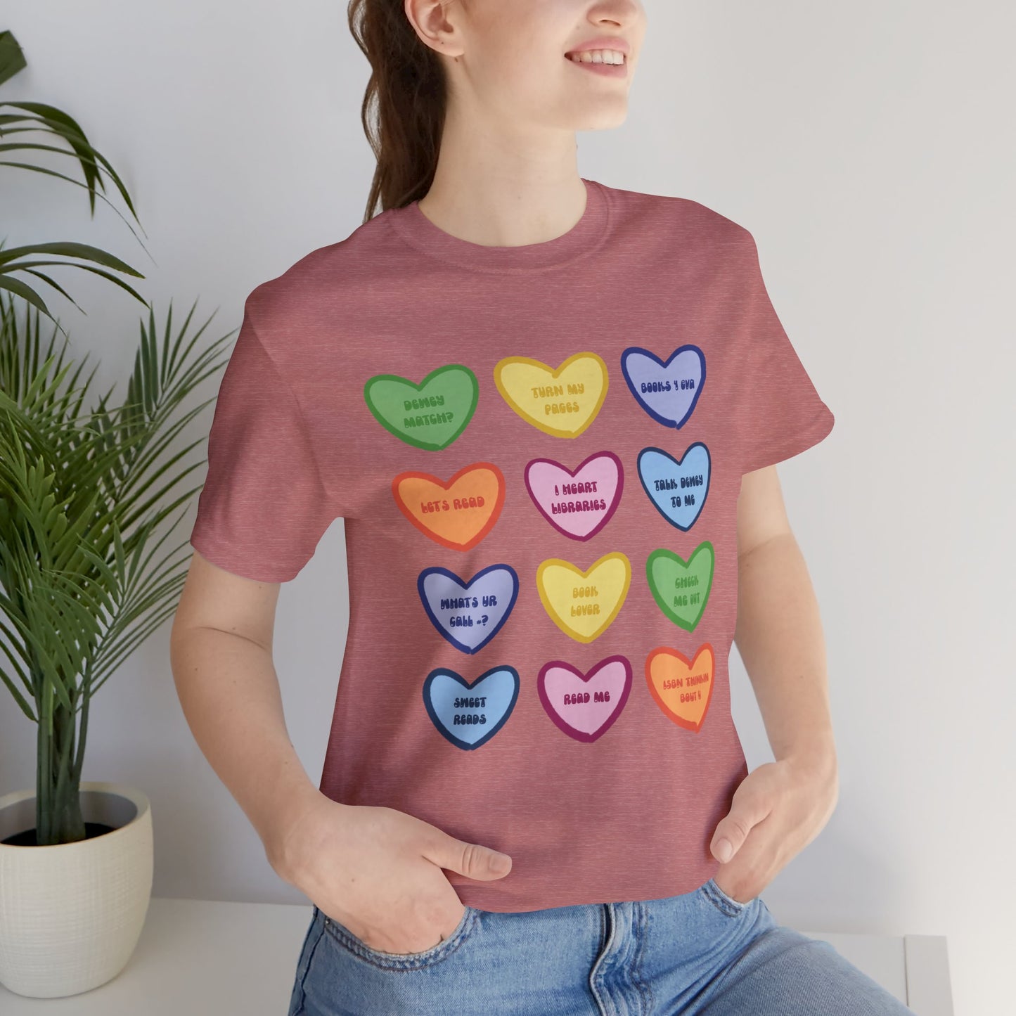 Library Conversation Heart Graphic Tee — Cute Pastel Candy Hearts with Messages