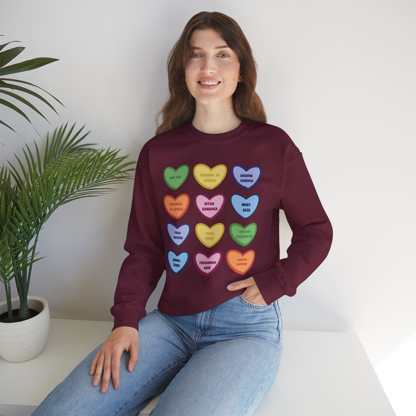 Romance Book Tropes Conversation Heart Sweatshirt — Colorful Valentine Candy Heart Graphic Crewneck