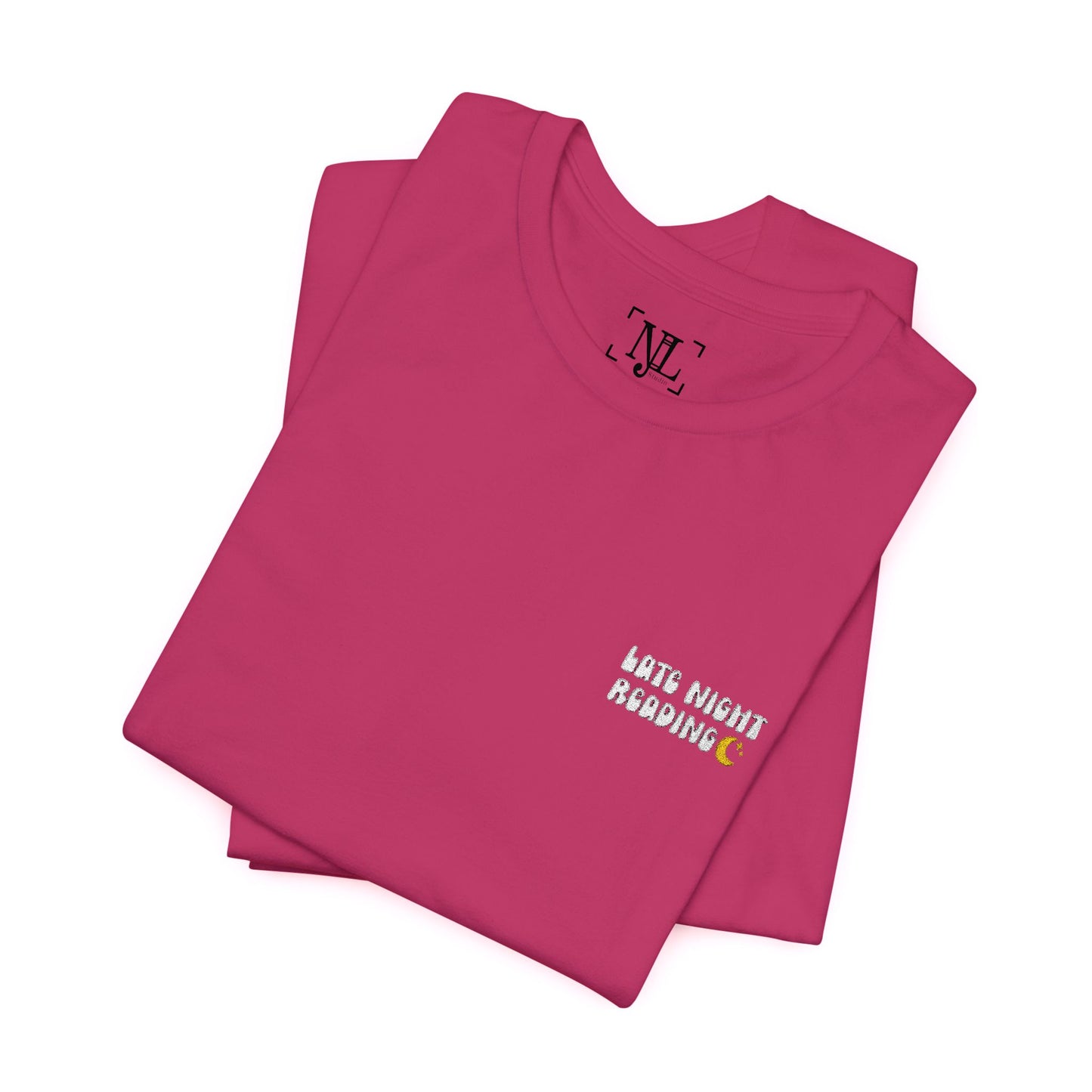 Late Night Reading - Embroidered Literary Tee (White Text)