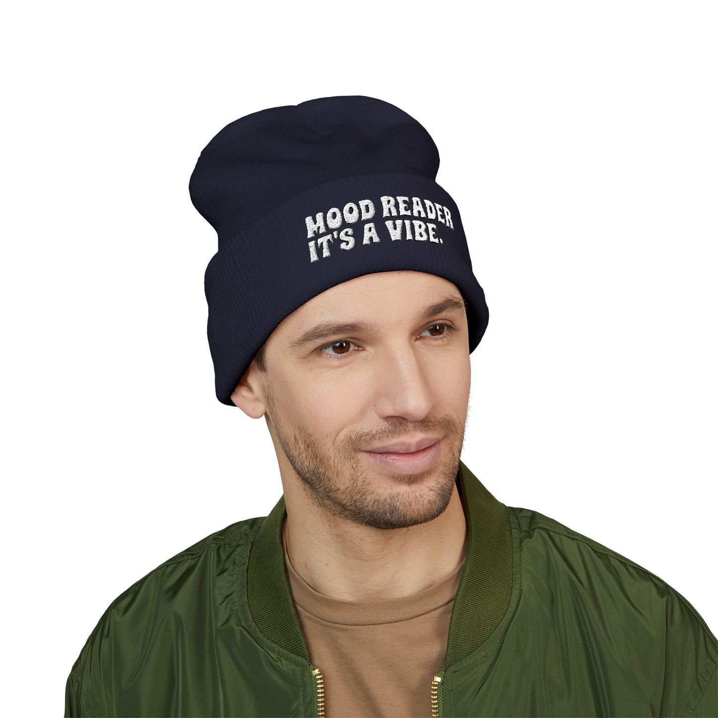 "Mood Reader It's a Vibe." - Embroidered Literary Cuffed Beanie (White Text)