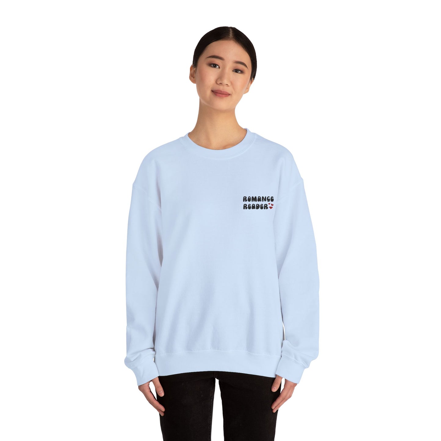"Romance Reader" - Embroidered Literary Crewneck Sweatshirt (Black Text with Maroon Hearts)