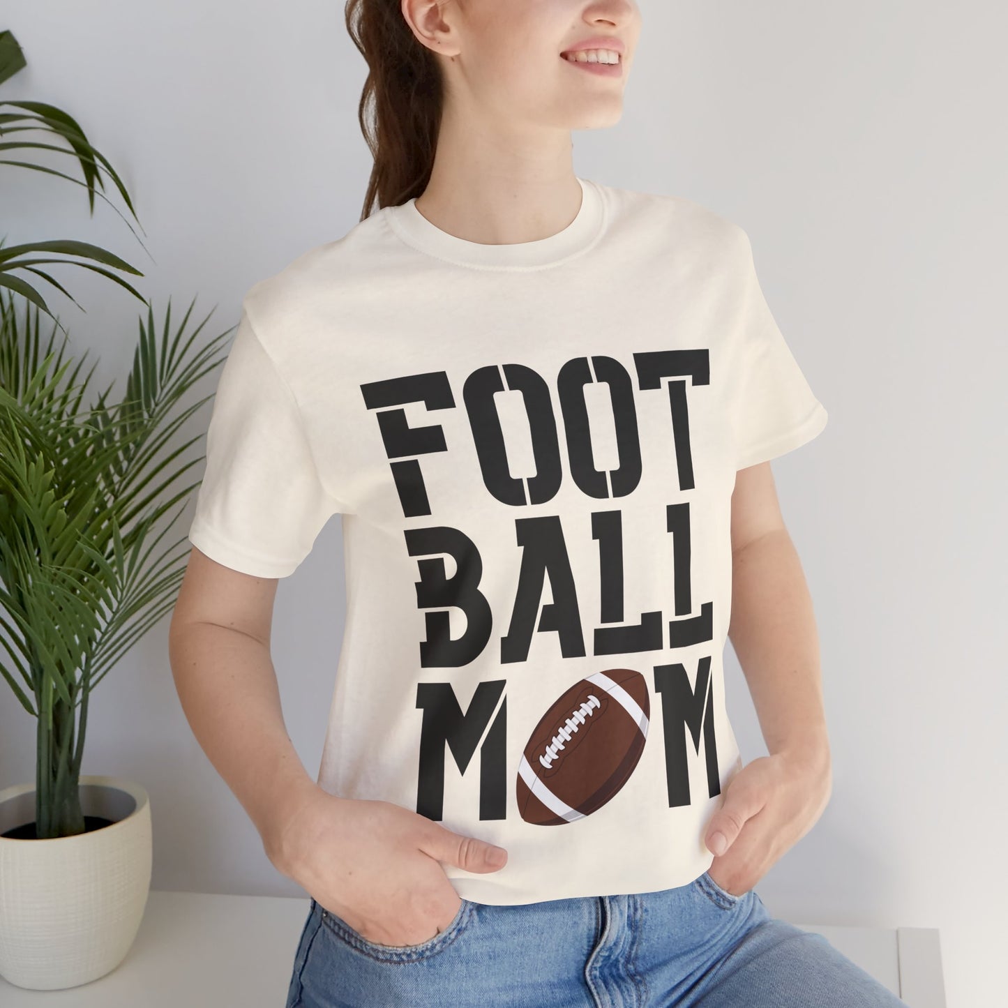 Football Mom T-Shirt – Bold Stacked Text with Football Graphic
