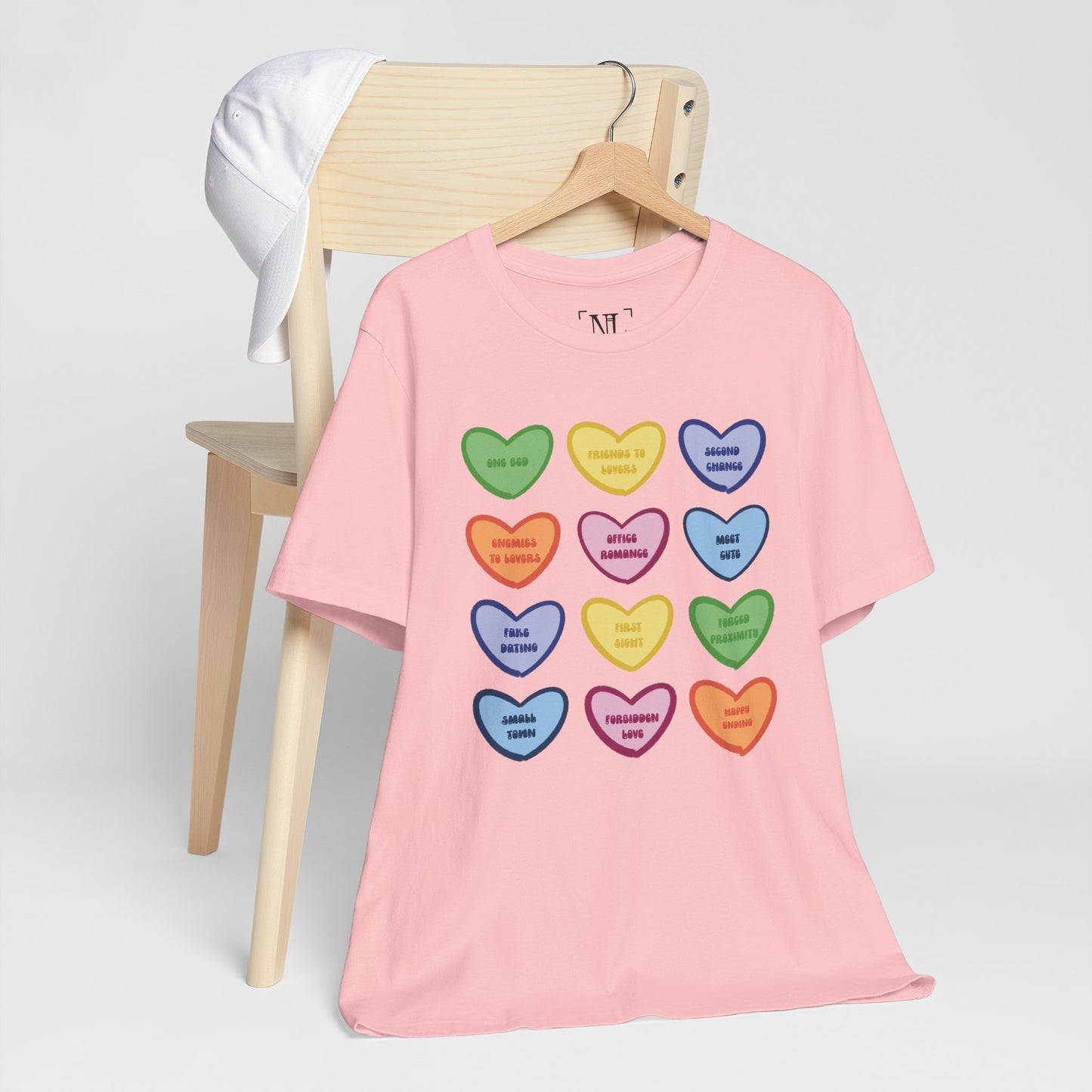 Romance Book Tropes Conversation Heart Graphic Tee — Cute Pastel Candy Hearts with Messages