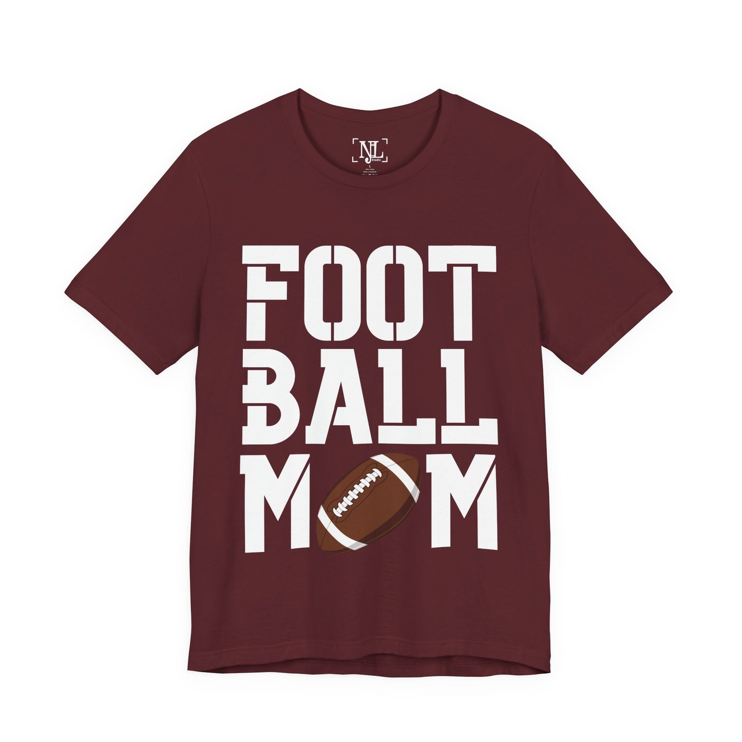 Football Mom T-Shirt – Bold Stacked Text with Football Graphic (White Text)