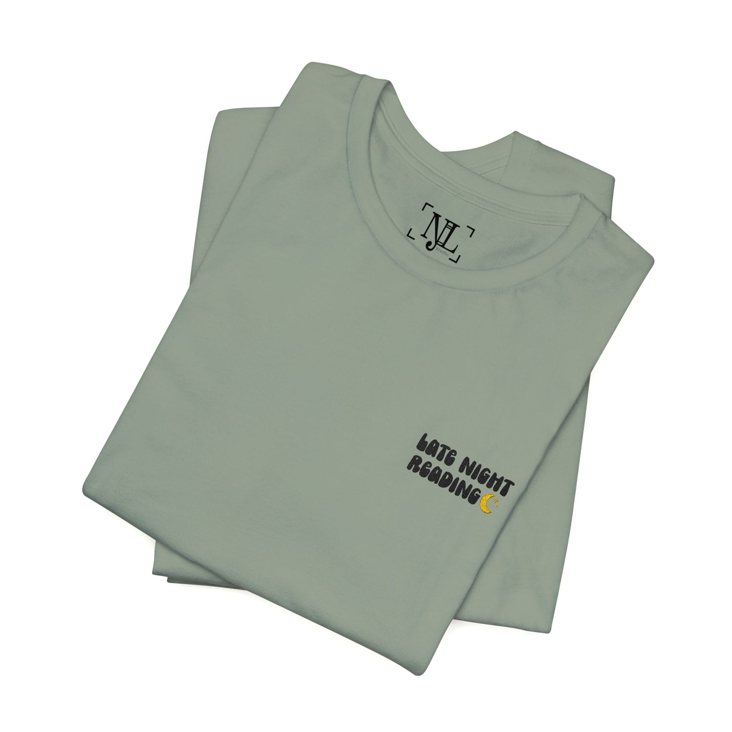 Late Night Reading - Embroidered Literary Tee (Black Text)