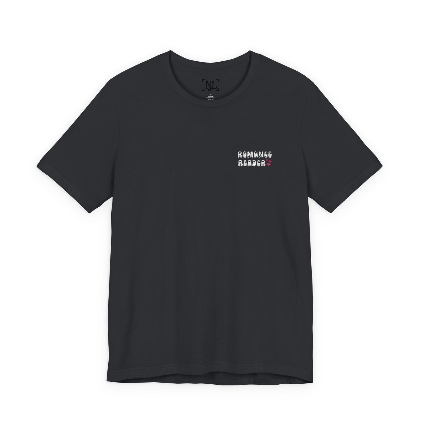 "Romance Reader" - Embroidered Literary Tee (White Text with Pink Hearts)