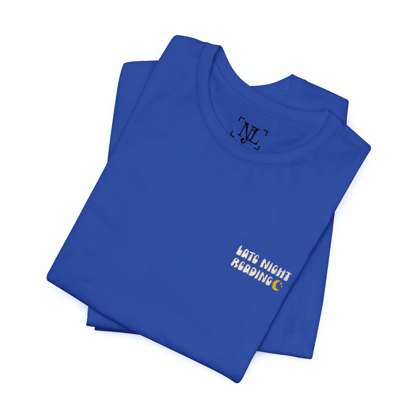 Late Night Reading - Embroidered Literary Tee (White Text)