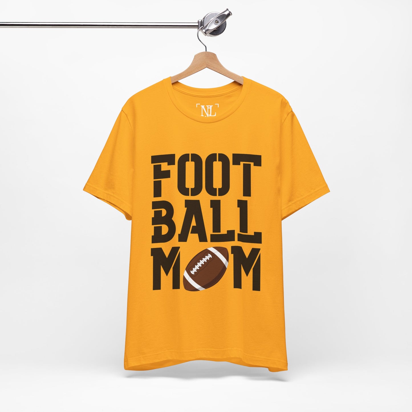 Football Mom T-Shirt – Bold Stacked Text with Football Graphic