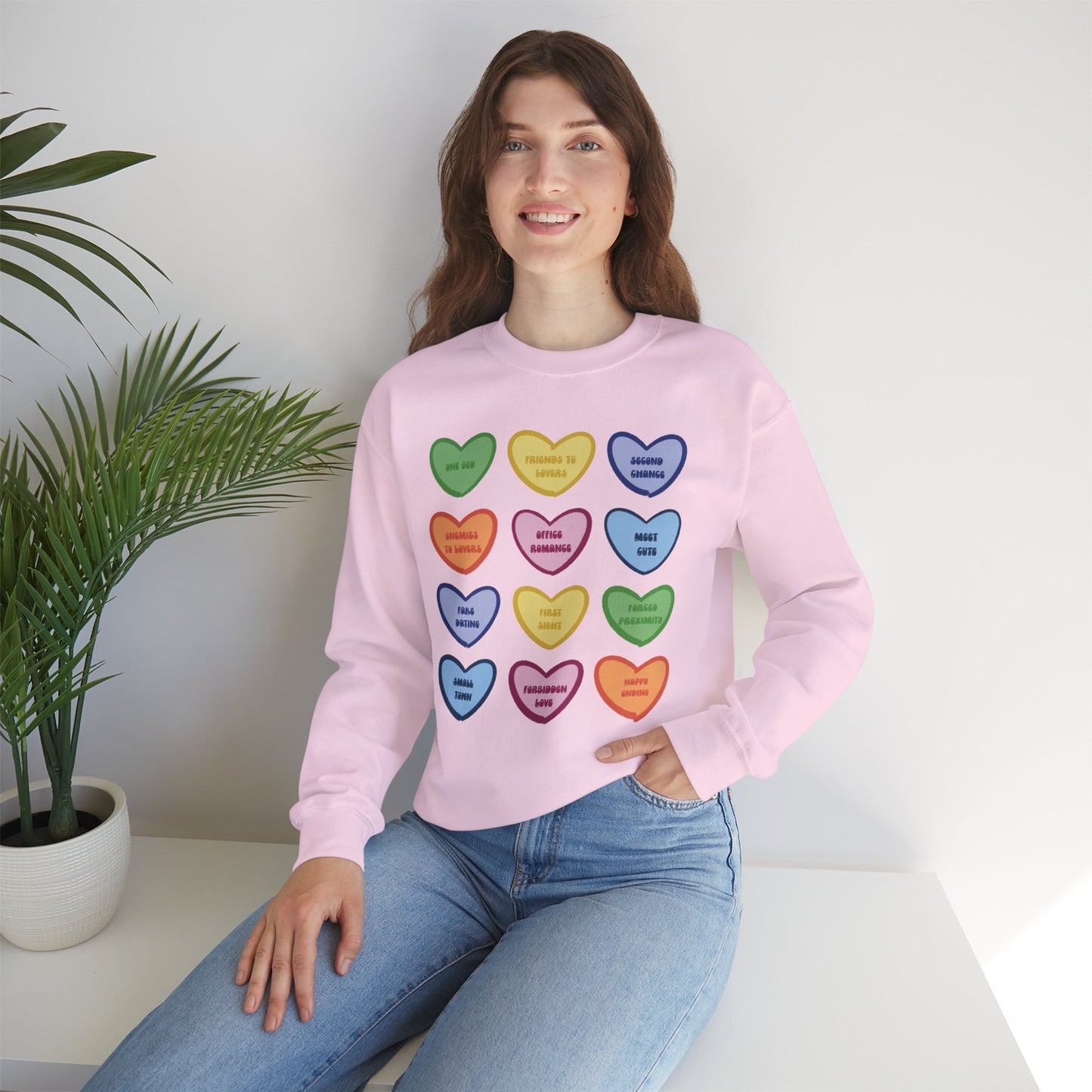 Romance Book Tropes Conversation Heart Sweatshirt — Colorful Valentine Candy Heart Graphic Crewneck