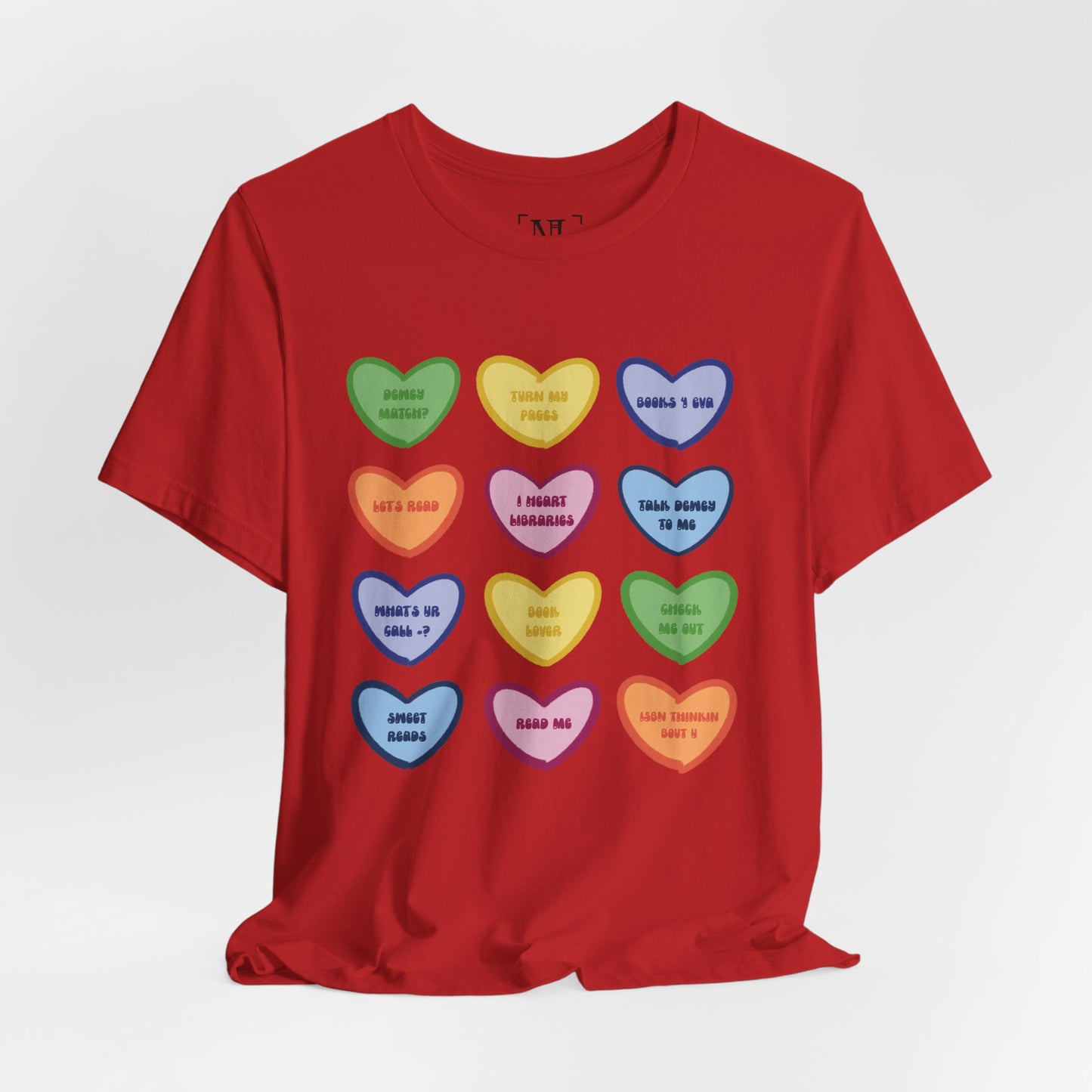 Library Conversation Heart Graphic Tee — Cute Pastel Candy Hearts with Messages