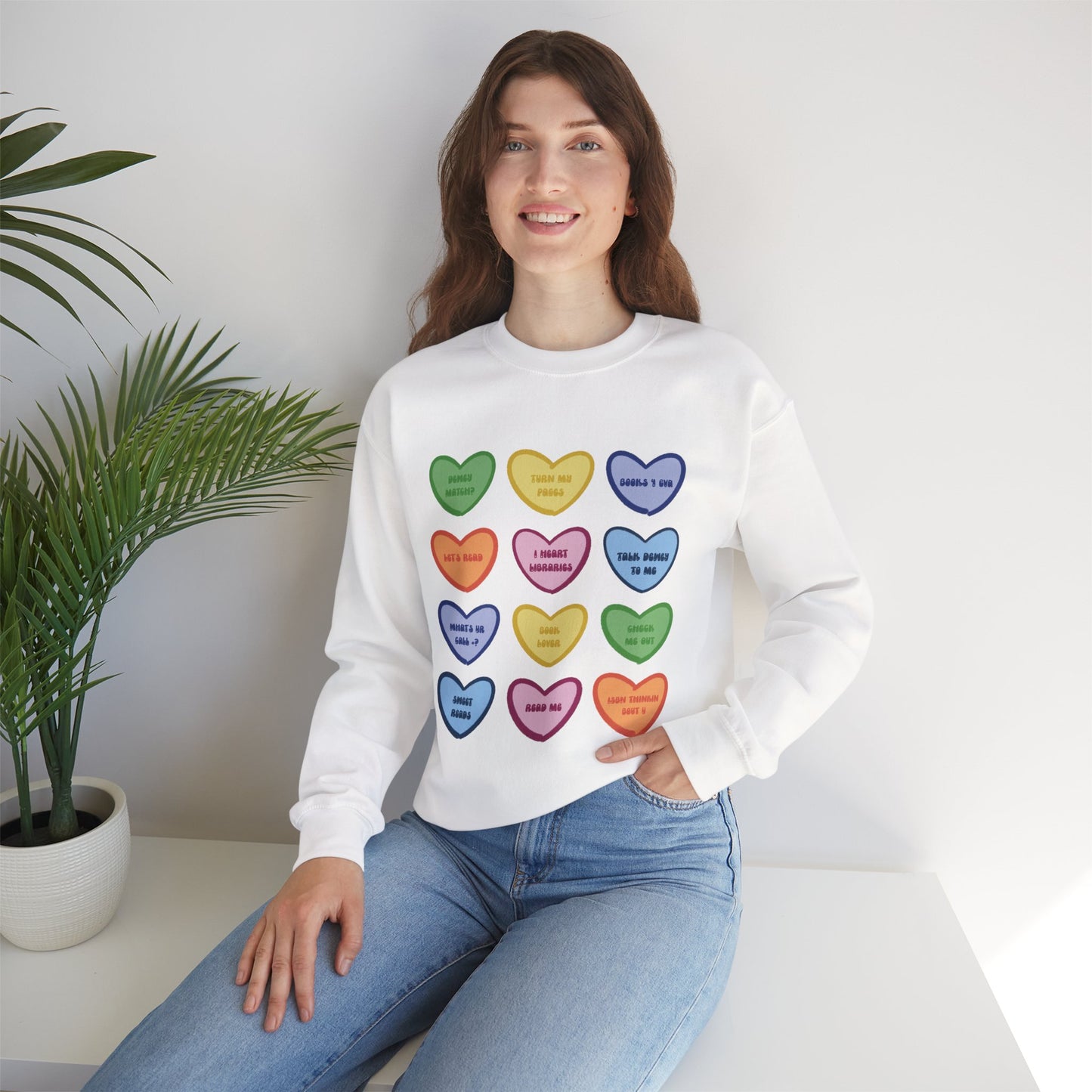 Library Themed Conversation Heart Sweatshirt — Colorful Valentine Candy Heart Graphic Crewneck