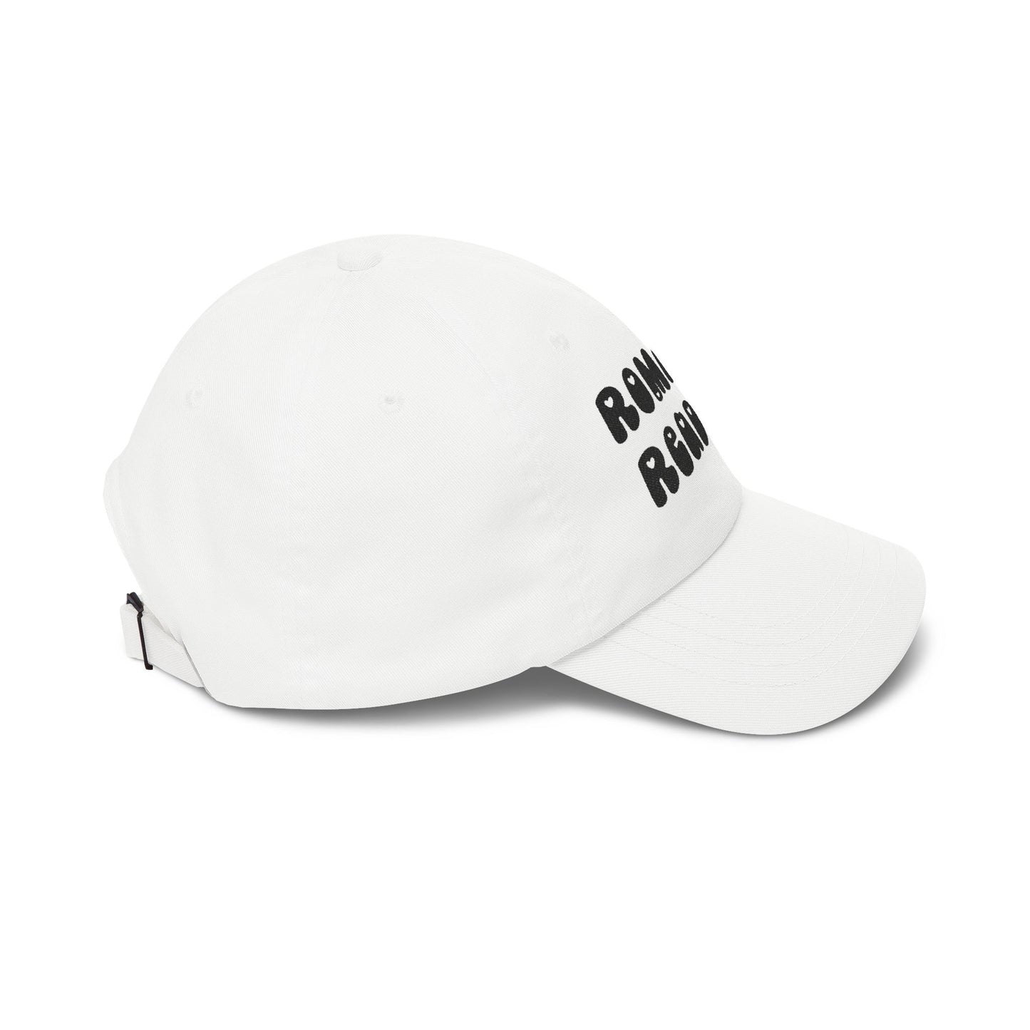 "Romance Reader" - Embroidered Literary Dad Cap (Black Text with Maroon Hearts)