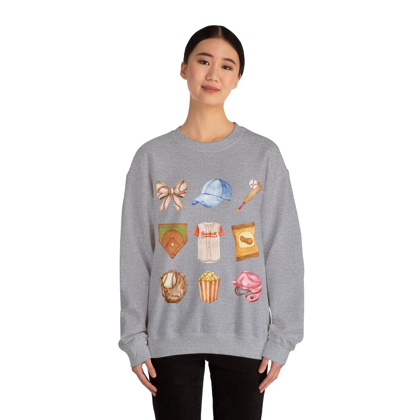 Baseball Icons Crewneck Sweatshirt — Watercolor Baseball Gear Graphic