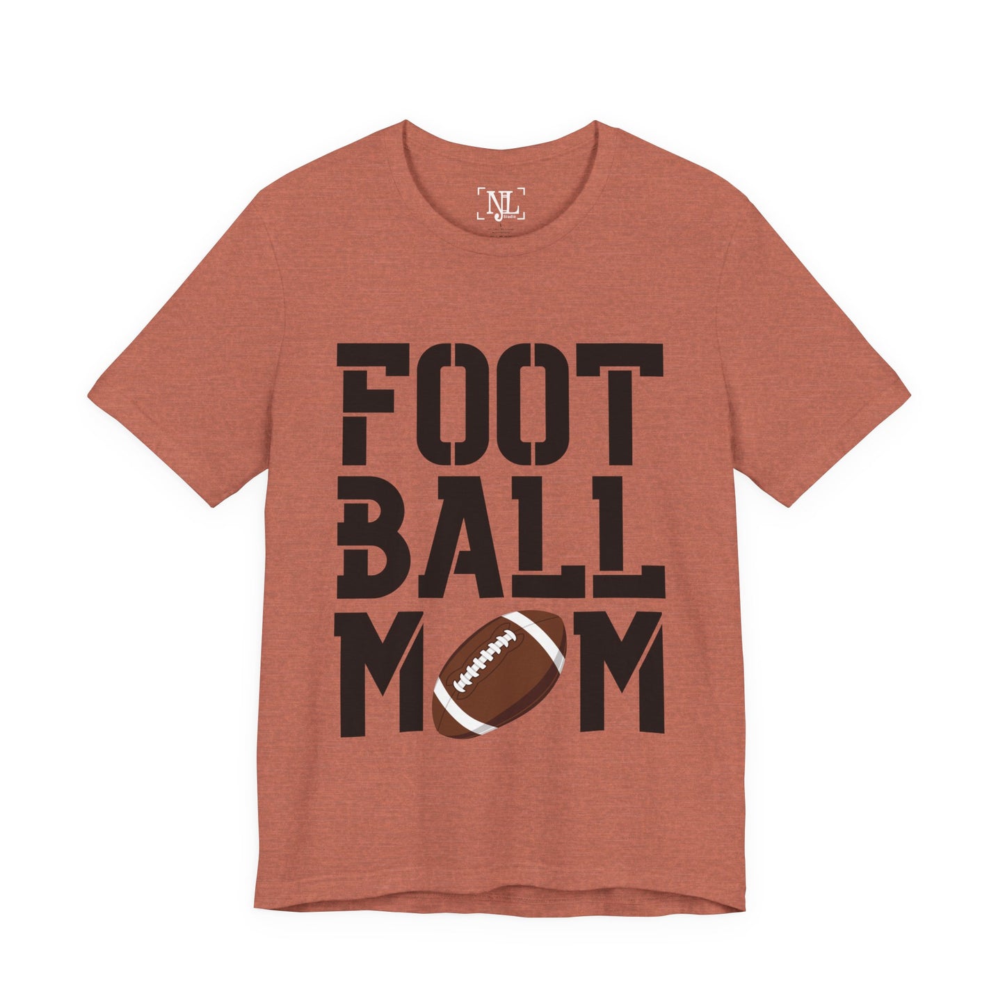 Football Mom T-Shirt – Bold Stacked Text with Football Graphic