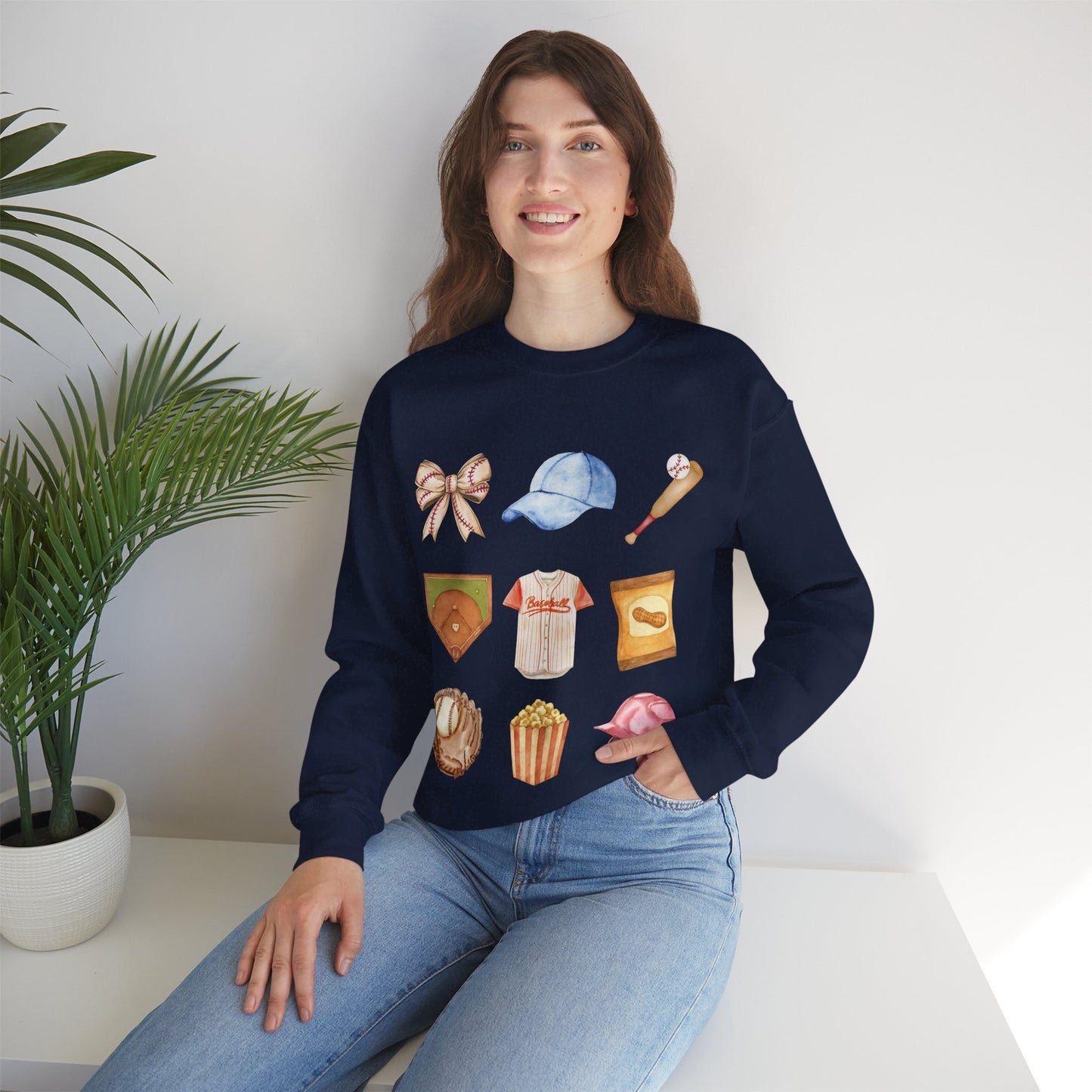 Baseball Icons Crewneck Sweatshirt — Watercolor Baseball Gear Graphic
