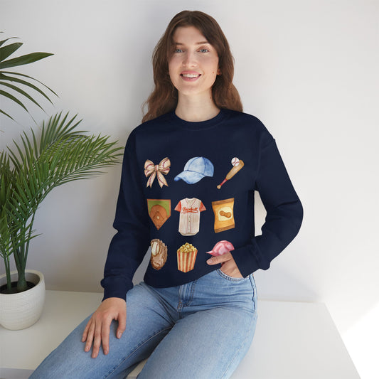 Baseball Icons Crewneck Sweatshirt — Watercolor Baseball Gear Graphic
