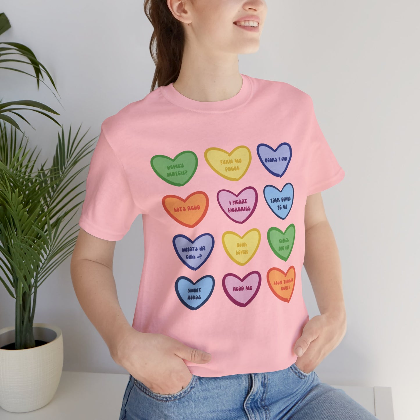 Library Conversation Heart Graphic Tee — Cute Pastel Candy Hearts with Messages