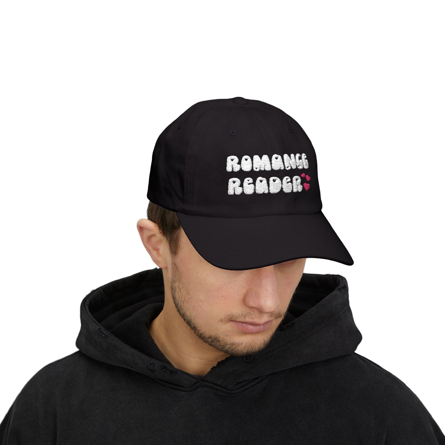 "Romance Reader" - Embroidered Literary Dad Cap (White Text with Maroon Hearts)