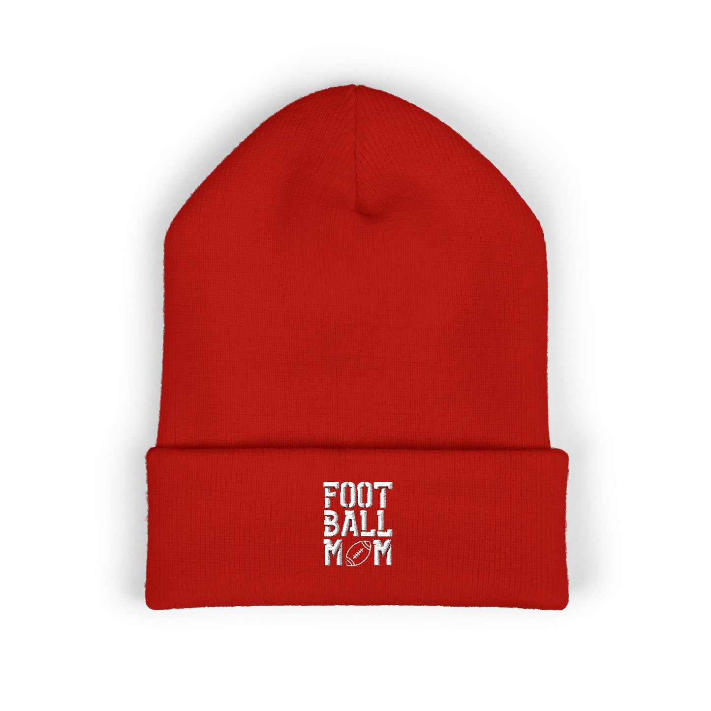 Football Mom Embroidered Cuffed Beanie – Cozy Sideline Knit Hat (White Text)