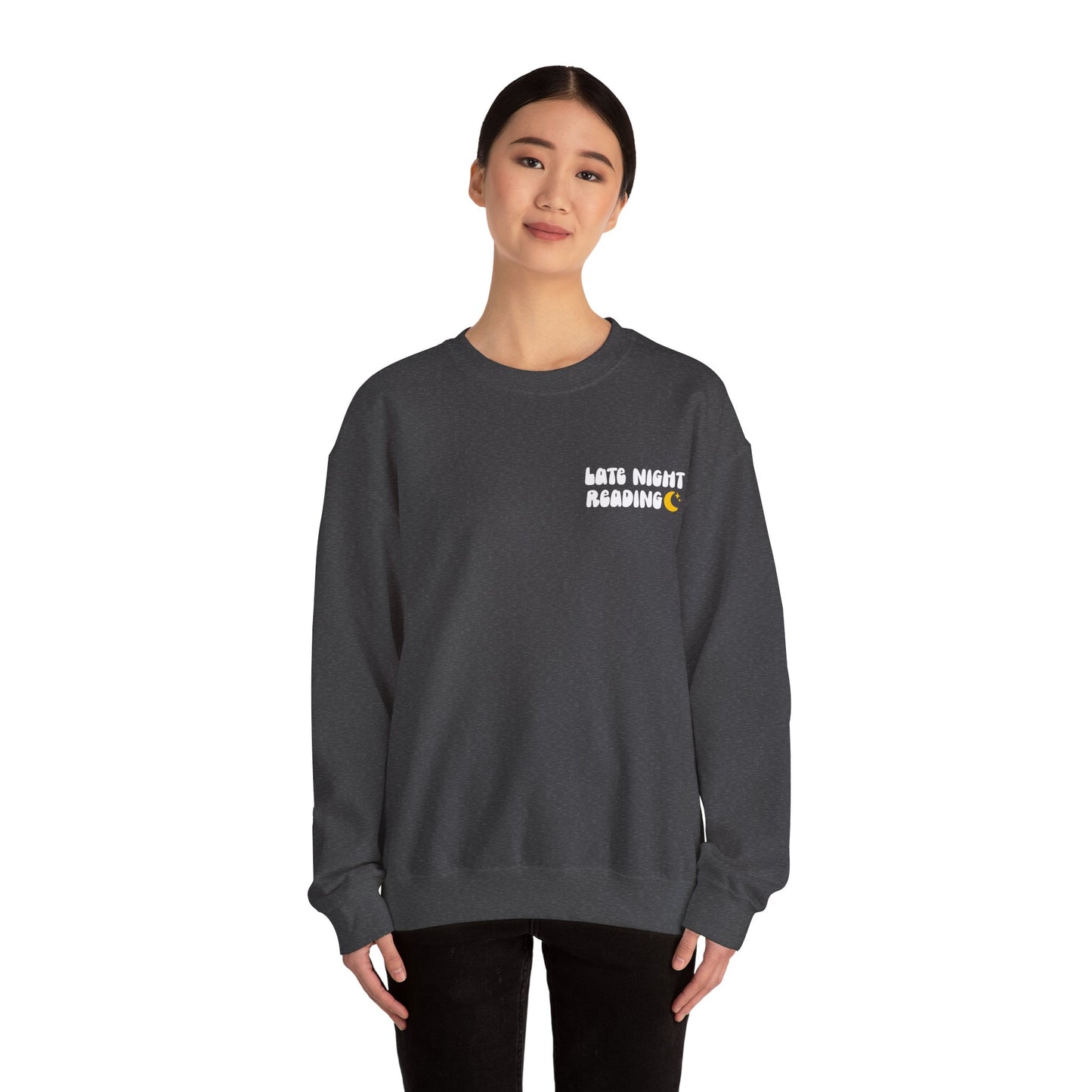 "Late Night Reading " — Cozy Book Lover Crewneck (White Text)