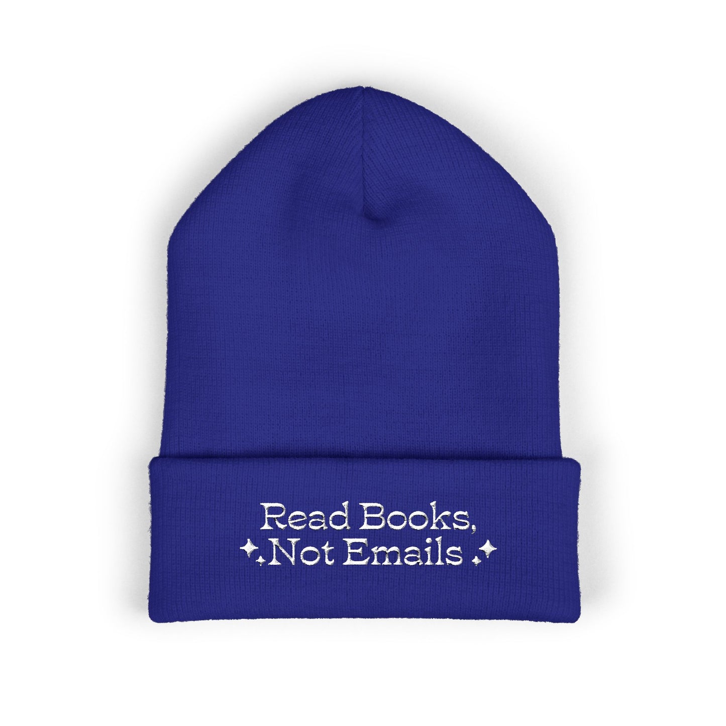 "Read Books Not Emails" - Embroidered Literary Cuffed Beanie (White Text)