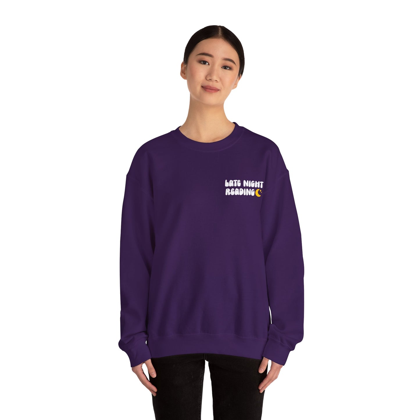 "Late Night Reading " — Cozy Book Lover Crewneck (White Text)