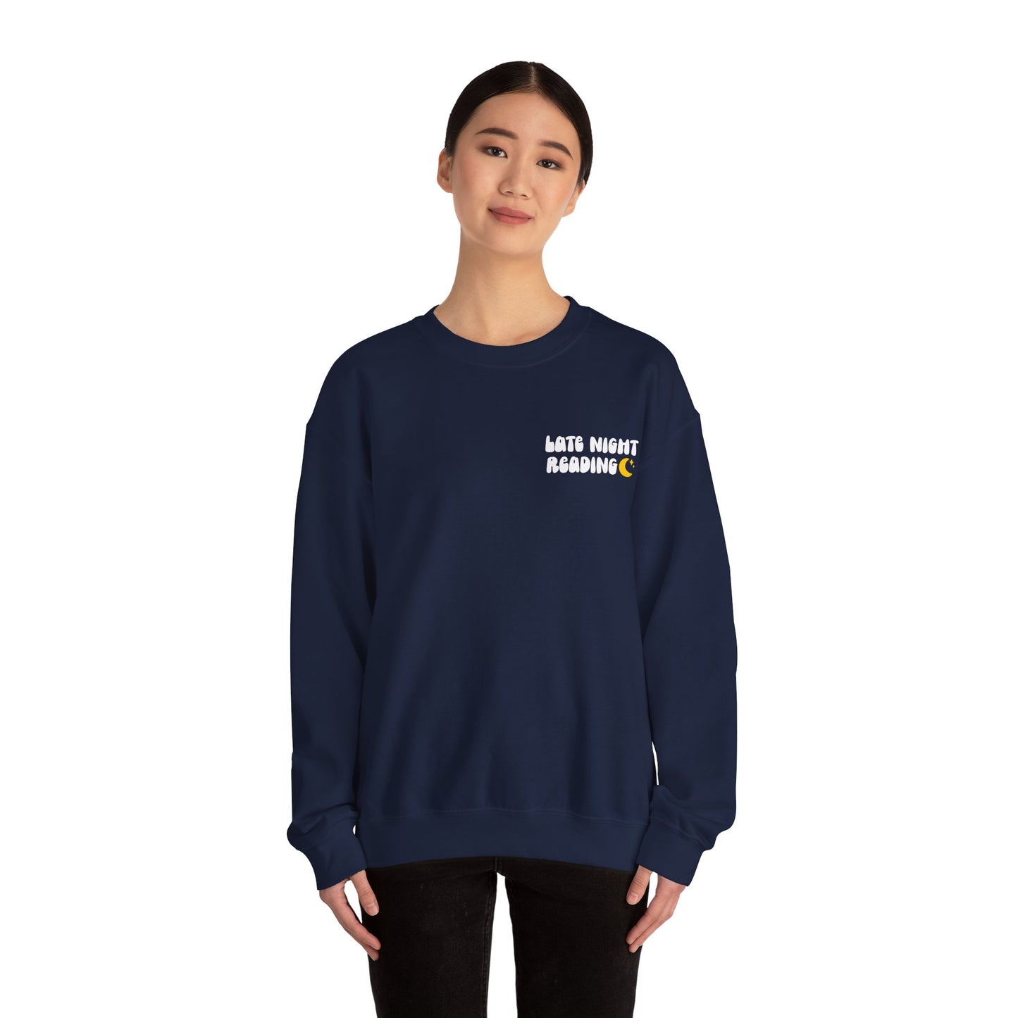 "Late Night Reading " — Cozy Book Lover Crewneck (White Text)