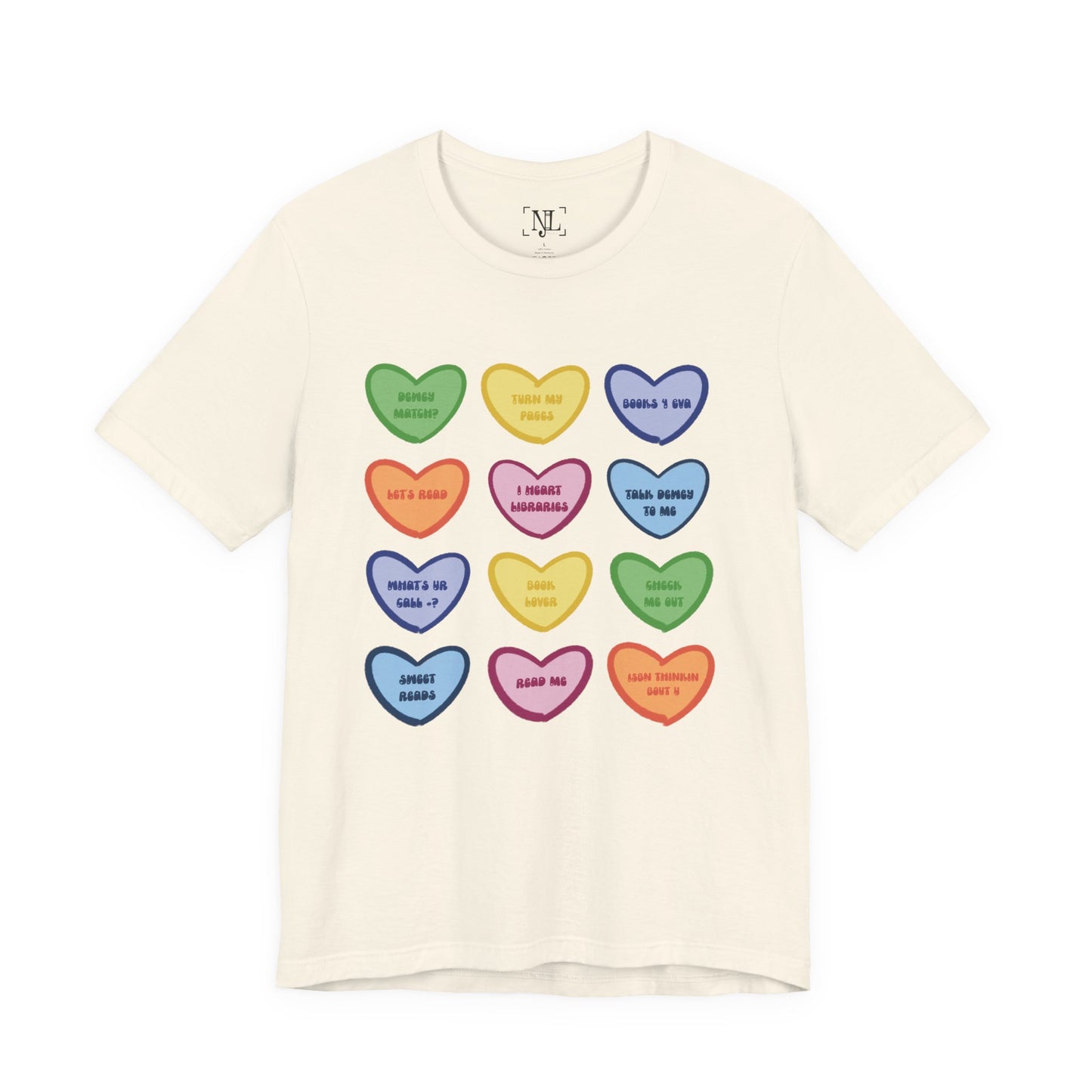 Library Conversation Heart Graphic Tee — Cute Pastel Candy Hearts with Messages
