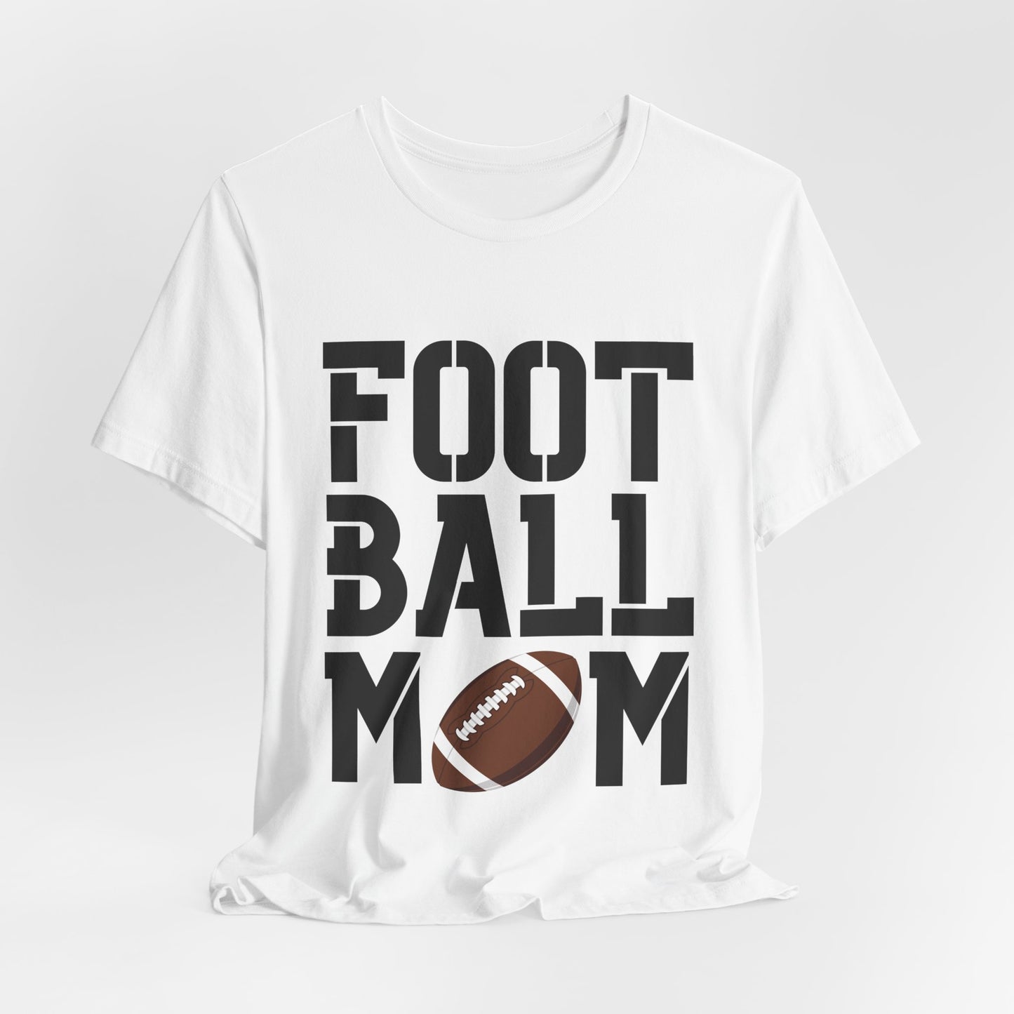 Football Mom T-Shirt – Bold Stacked Text with Football Graphic