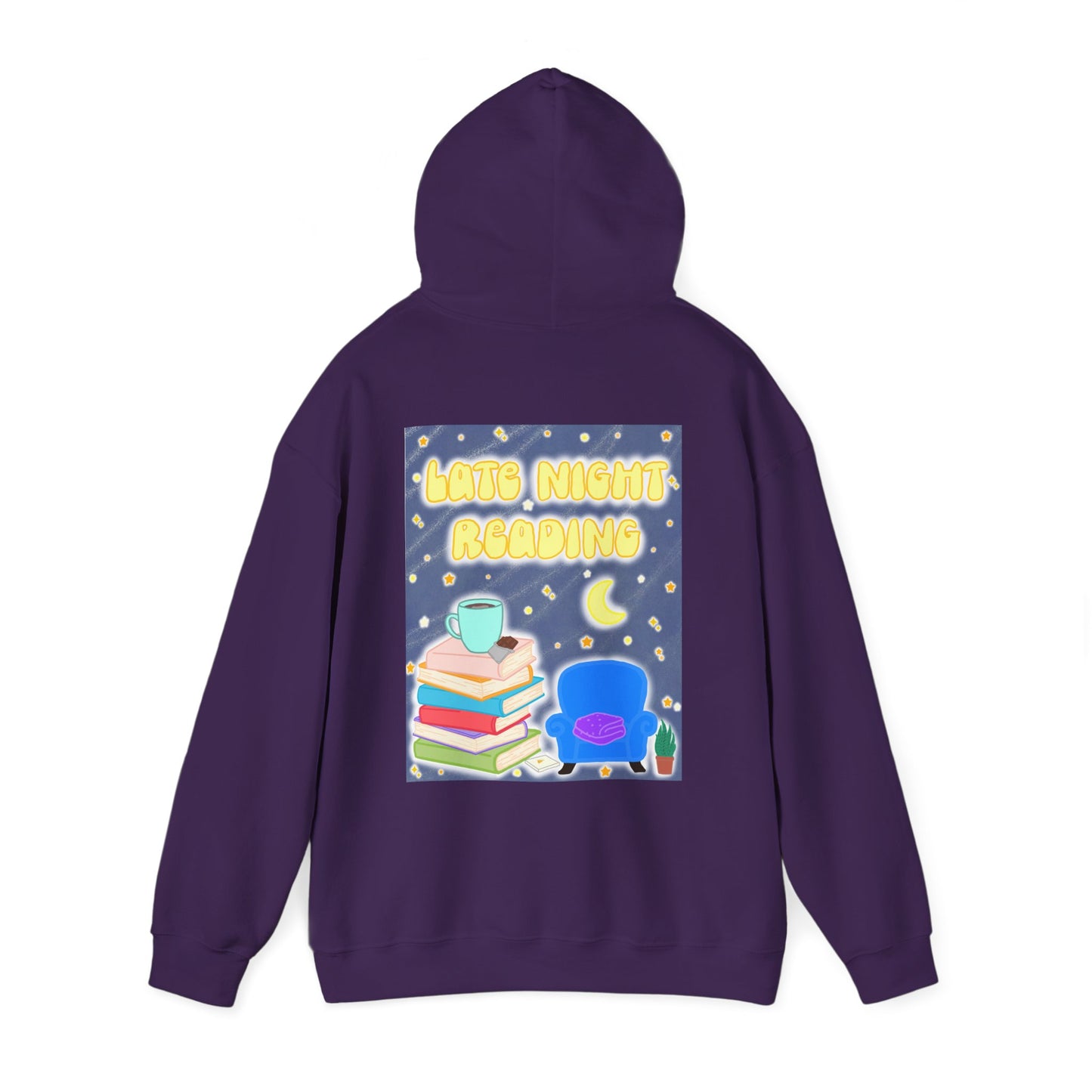 Late Night Reading Hoodie — Cozy Book Lover Pullover with Moon & Books Graphic (White Text)