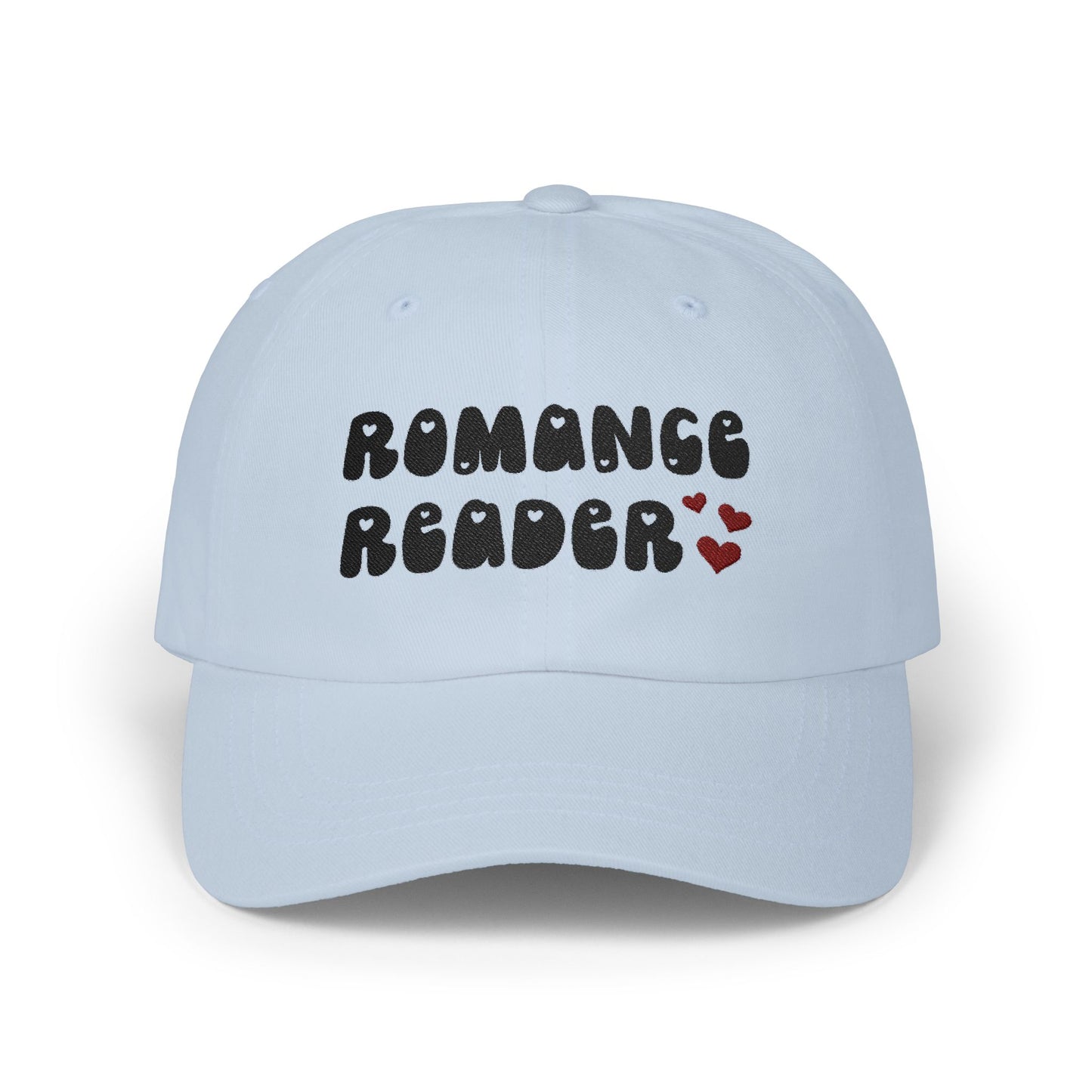 "Romance Reader" - Embroidered Literary Dad Cap (Black Text with Maroon Hearts)