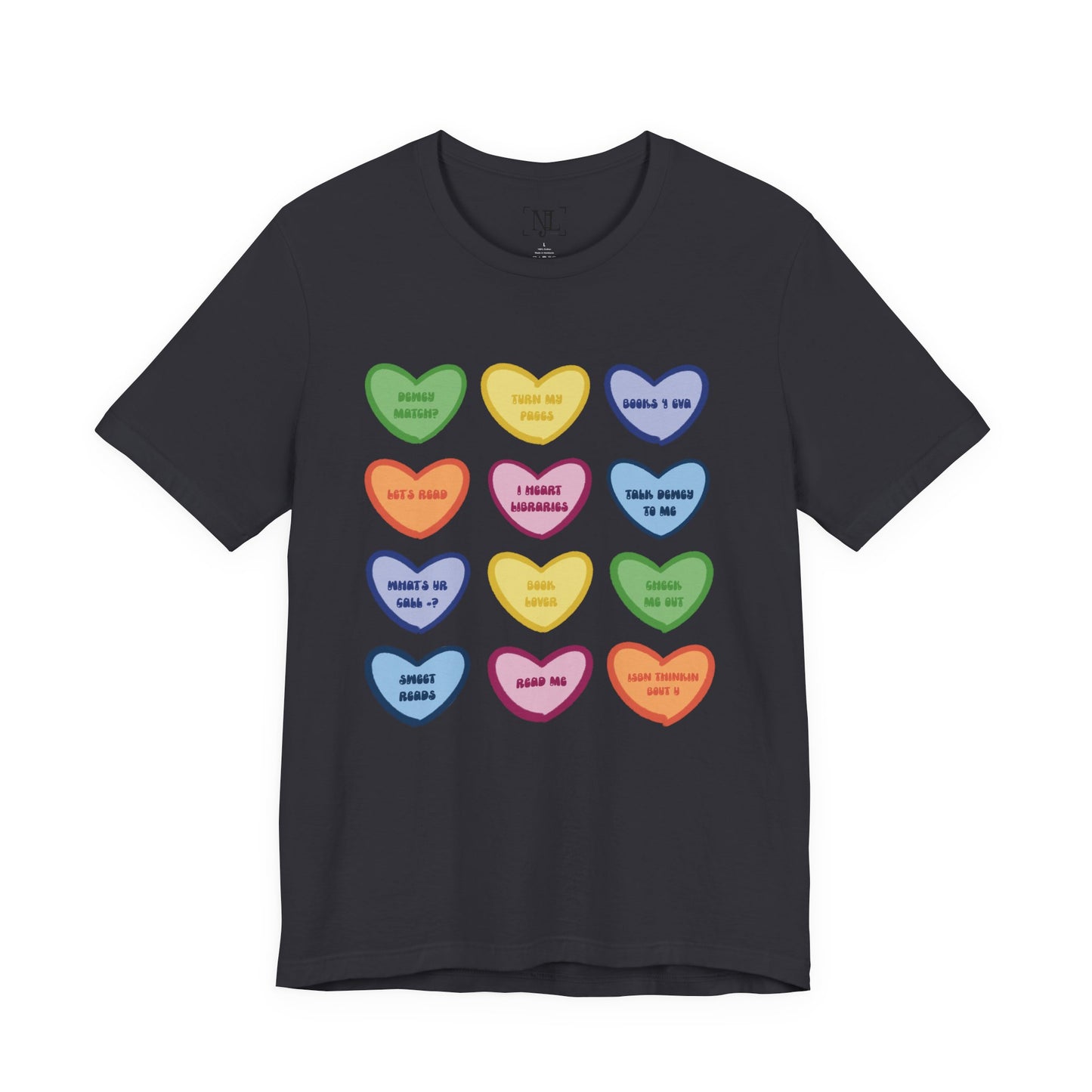Library Conversation Heart Graphic Tee — Cute Pastel Candy Hearts with Messages