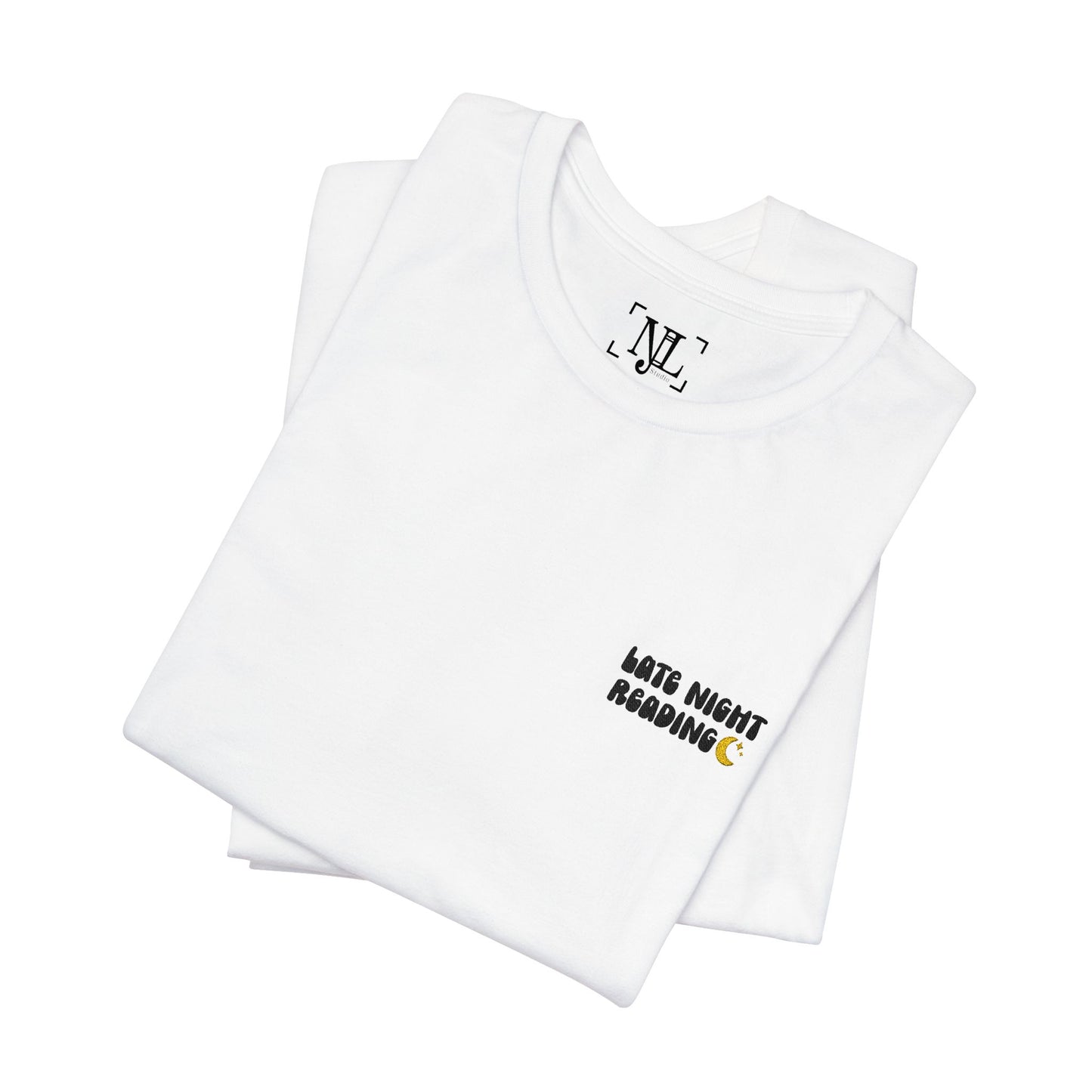 Late Night Reading - Embroidered Literary Tee (Black Text)