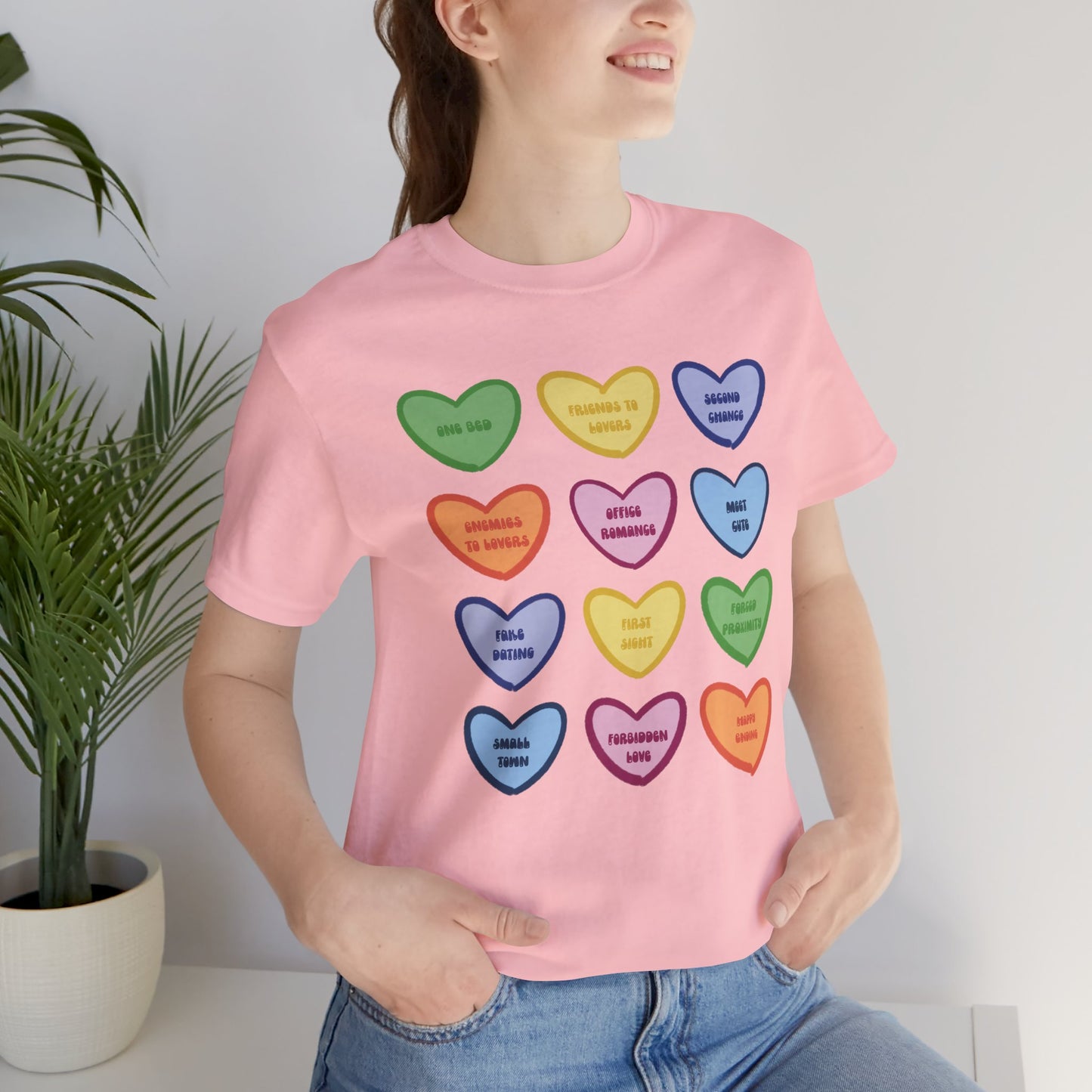 Romance Book Tropes Conversation Heart Graphic Tee — Cute Pastel Candy Hearts with Messages