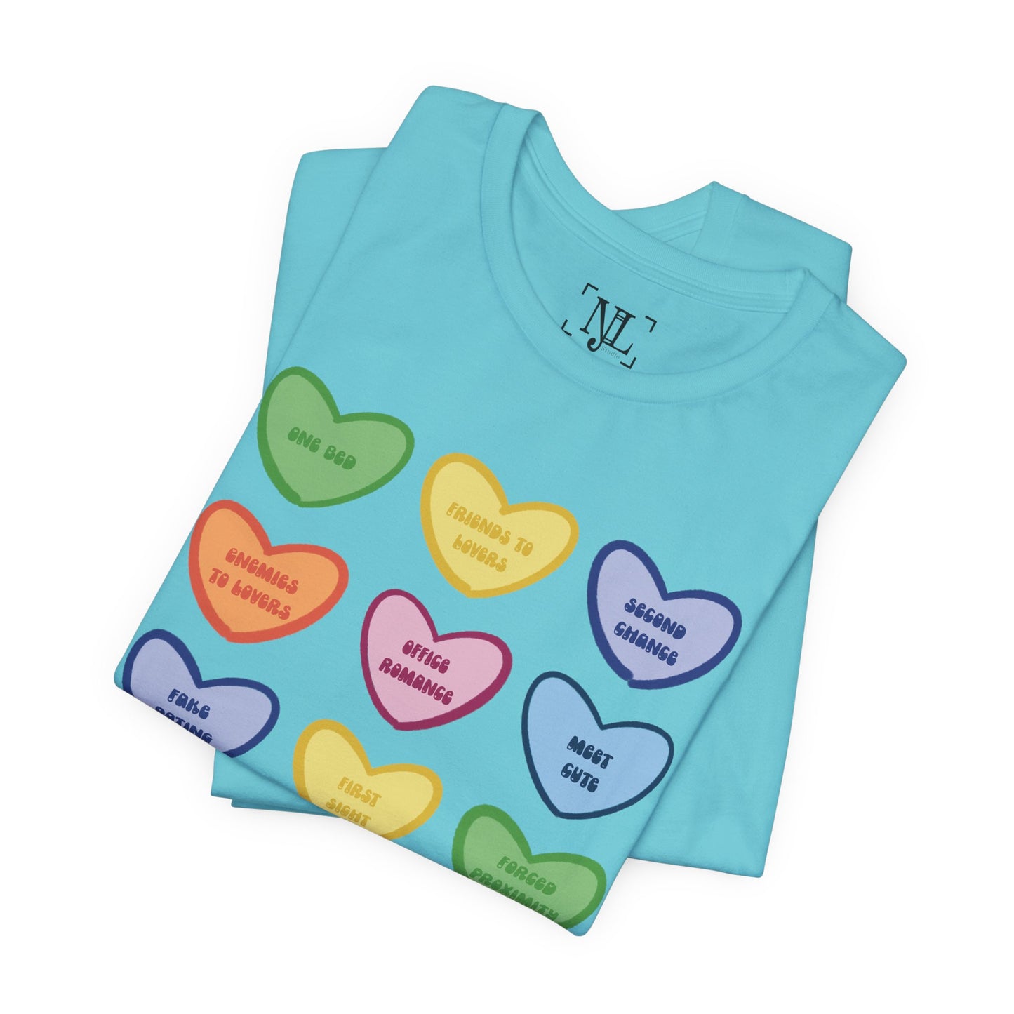 Romance Book Tropes Conversation Heart Graphic Tee — Cute Pastel Candy Hearts with Messages