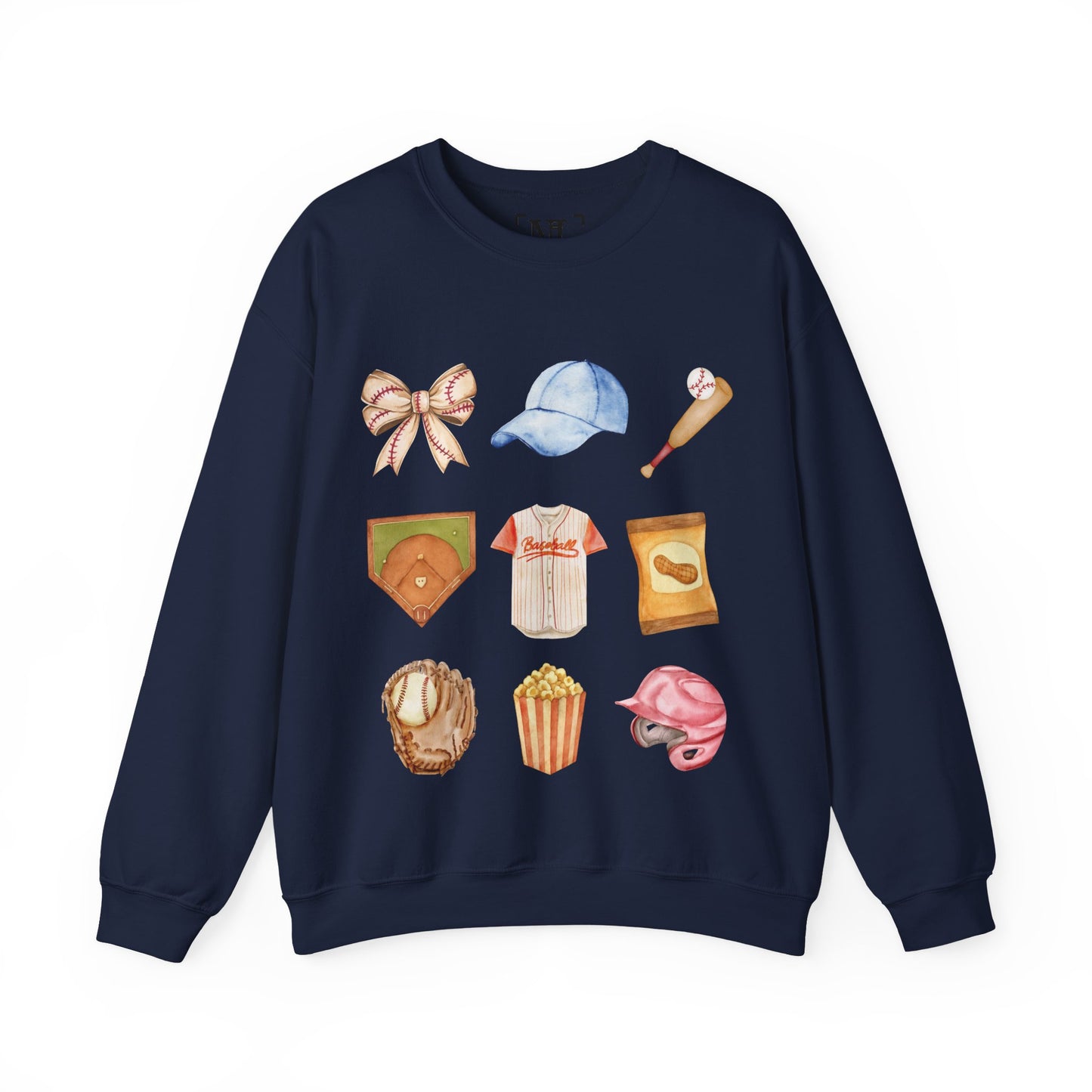 Baseball Icons Crewneck Sweatshirt — Watercolor Baseball Gear Graphic