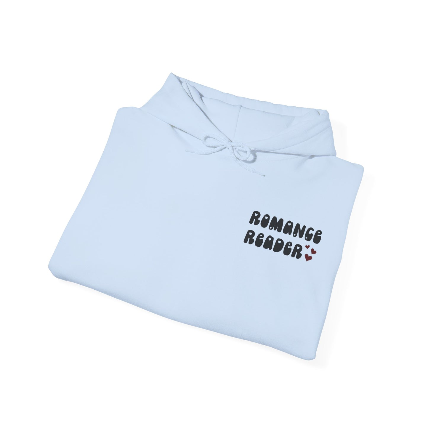 Romance Reader Hoodie — Cute Pink Heart Book Lover Pullover (Black Text)