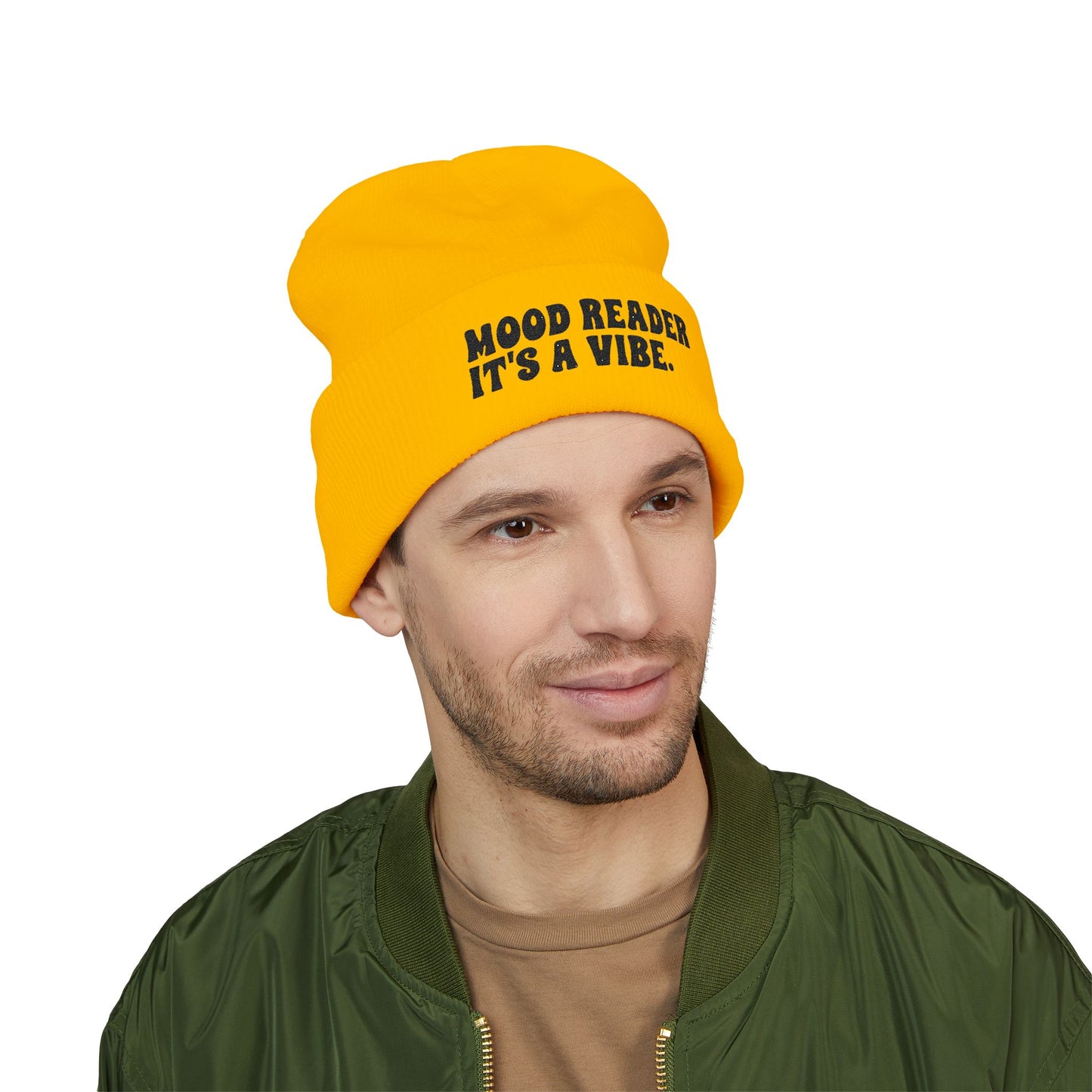 "Mood Reader It's a Vibe." - Embroidered Literary Cuffed Beanie (Black Text)