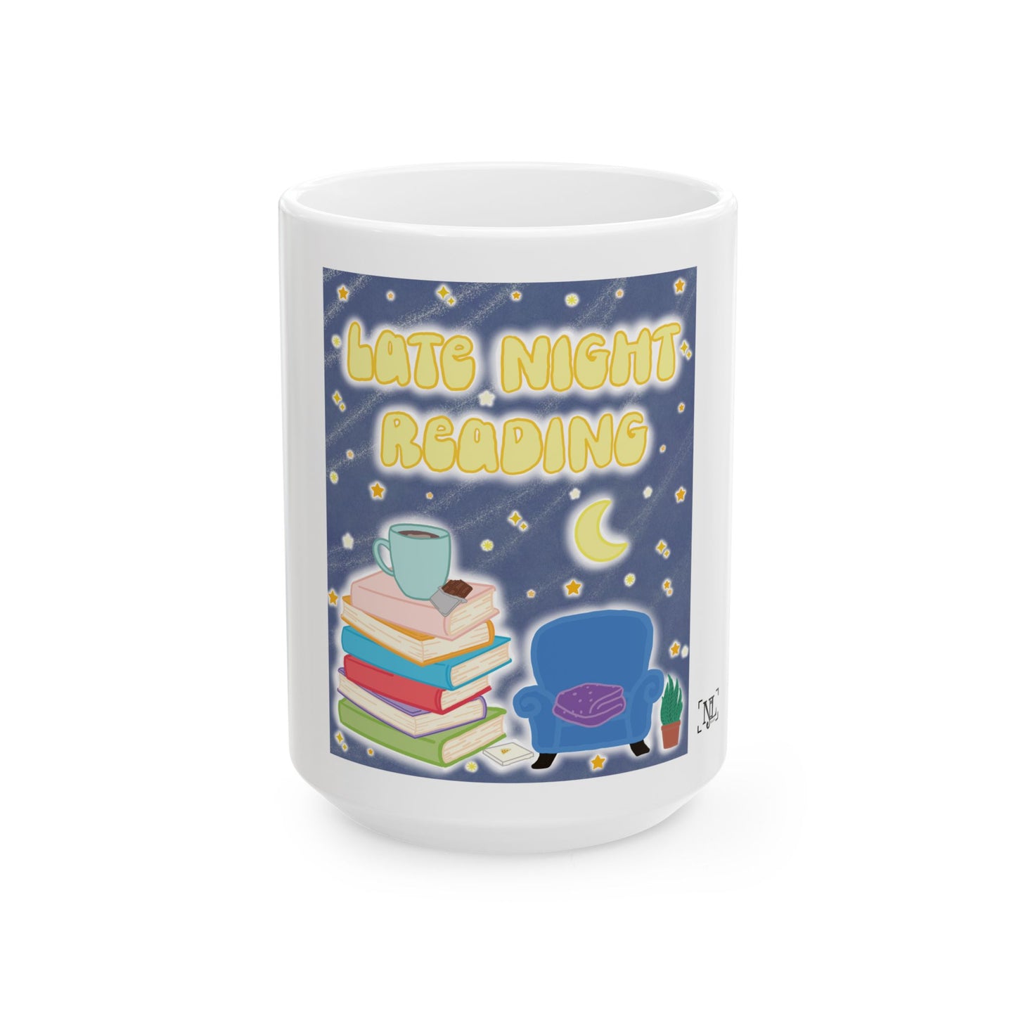 Late Night Reading Full Graphic Ceramic Mug — Cute Book Lover Coffee Cup (11oz & 15oz)