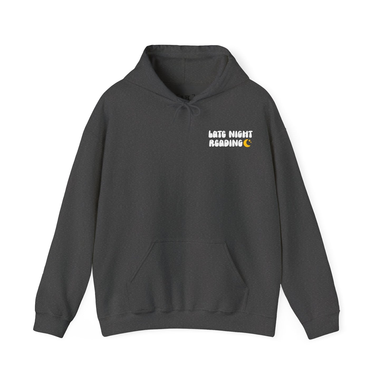 Late Night Reading Hoodie — Cozy Book Lover Pullover with Moon & Books Graphic (White Text)