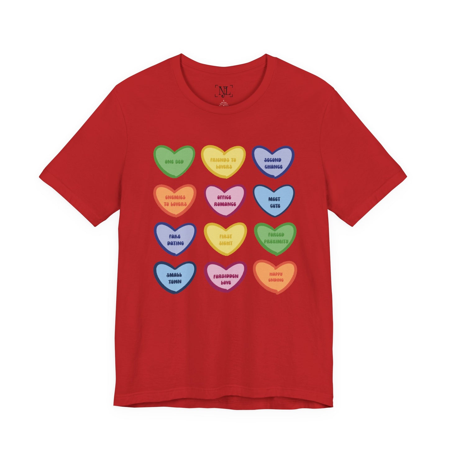 Romance Book Tropes Conversation Heart Graphic Tee — Cute Pastel Candy Hearts with Messages