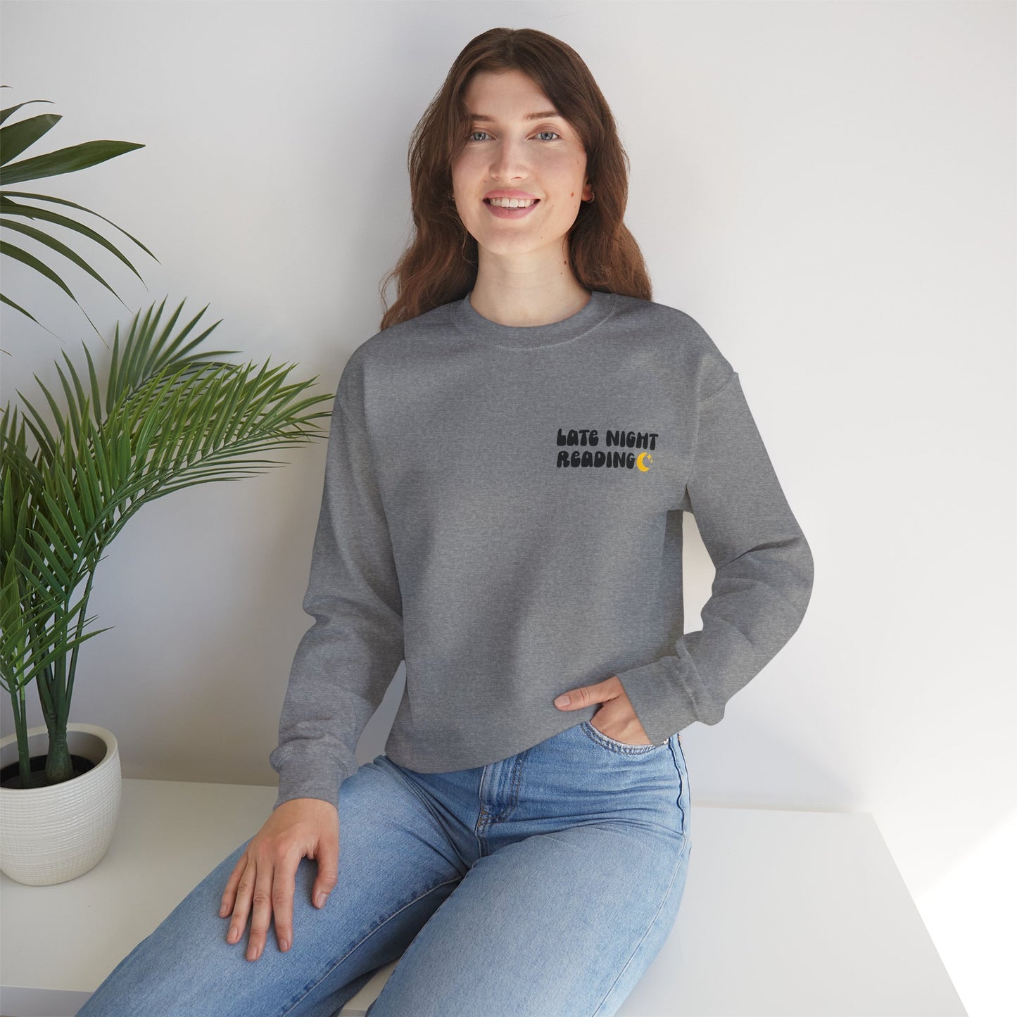 "Late Night Reading " — Cozy Book Lover Crewneck (Black Text)