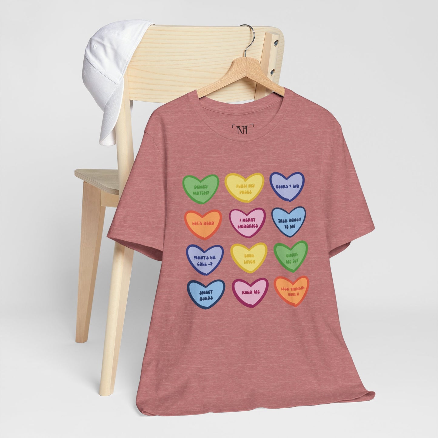 Library Conversation Heart Graphic Tee — Cute Pastel Candy Hearts with Messages