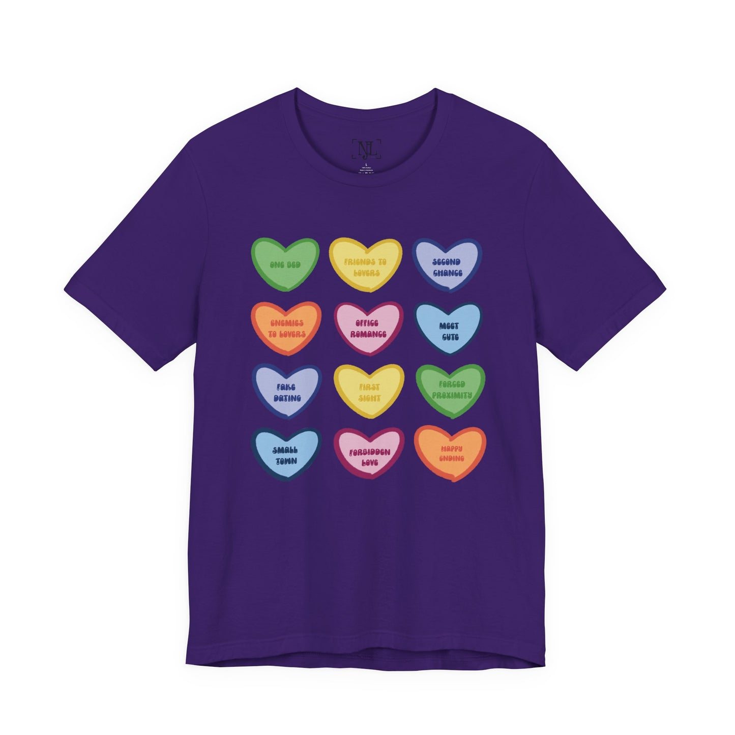 Romance Book Tropes Conversation Heart Graphic Tee — Cute Pastel Candy Hearts with Messages