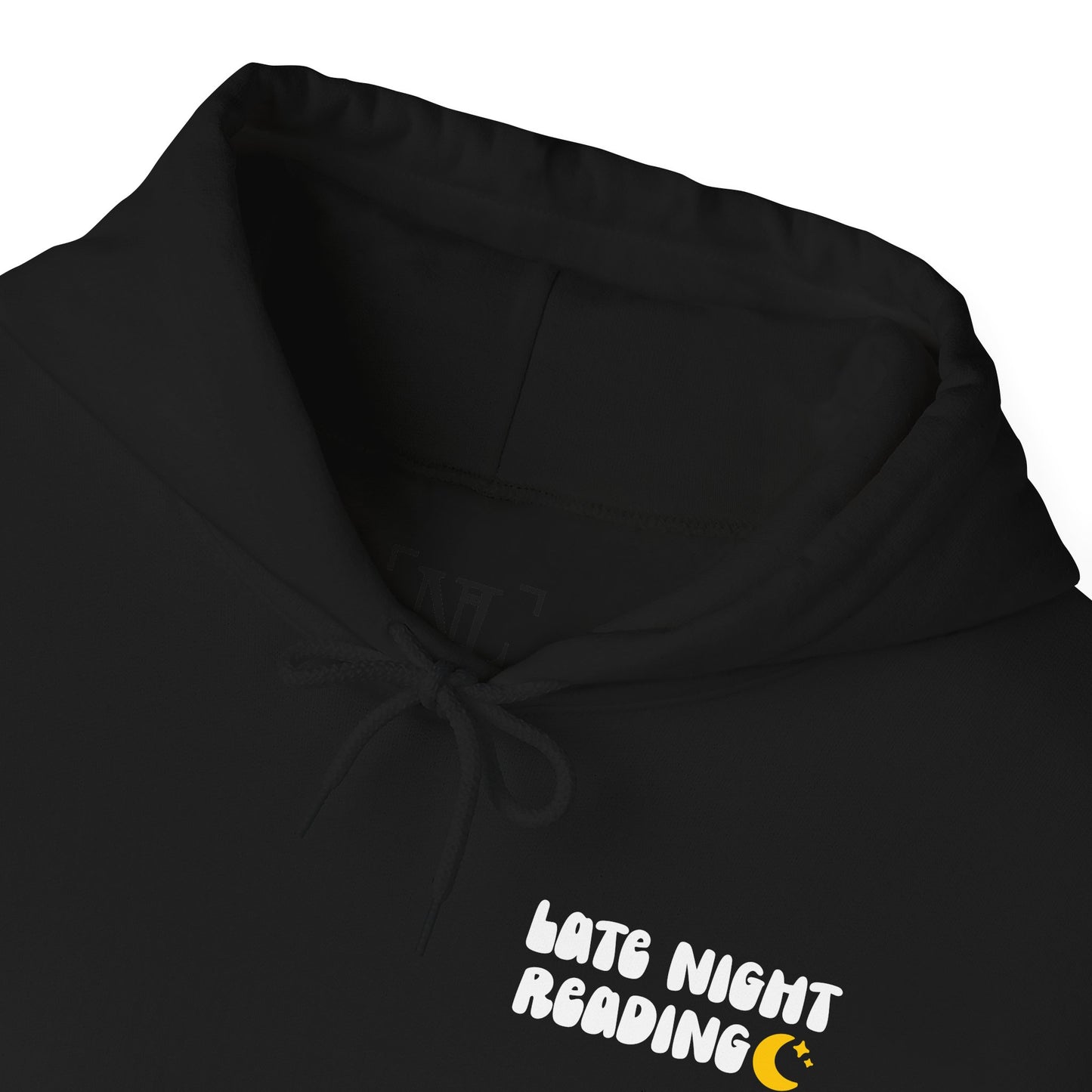 Late Night Reading Hoodie — Cozy Book Lover Pullover with Moon & Books Graphic (White Text)