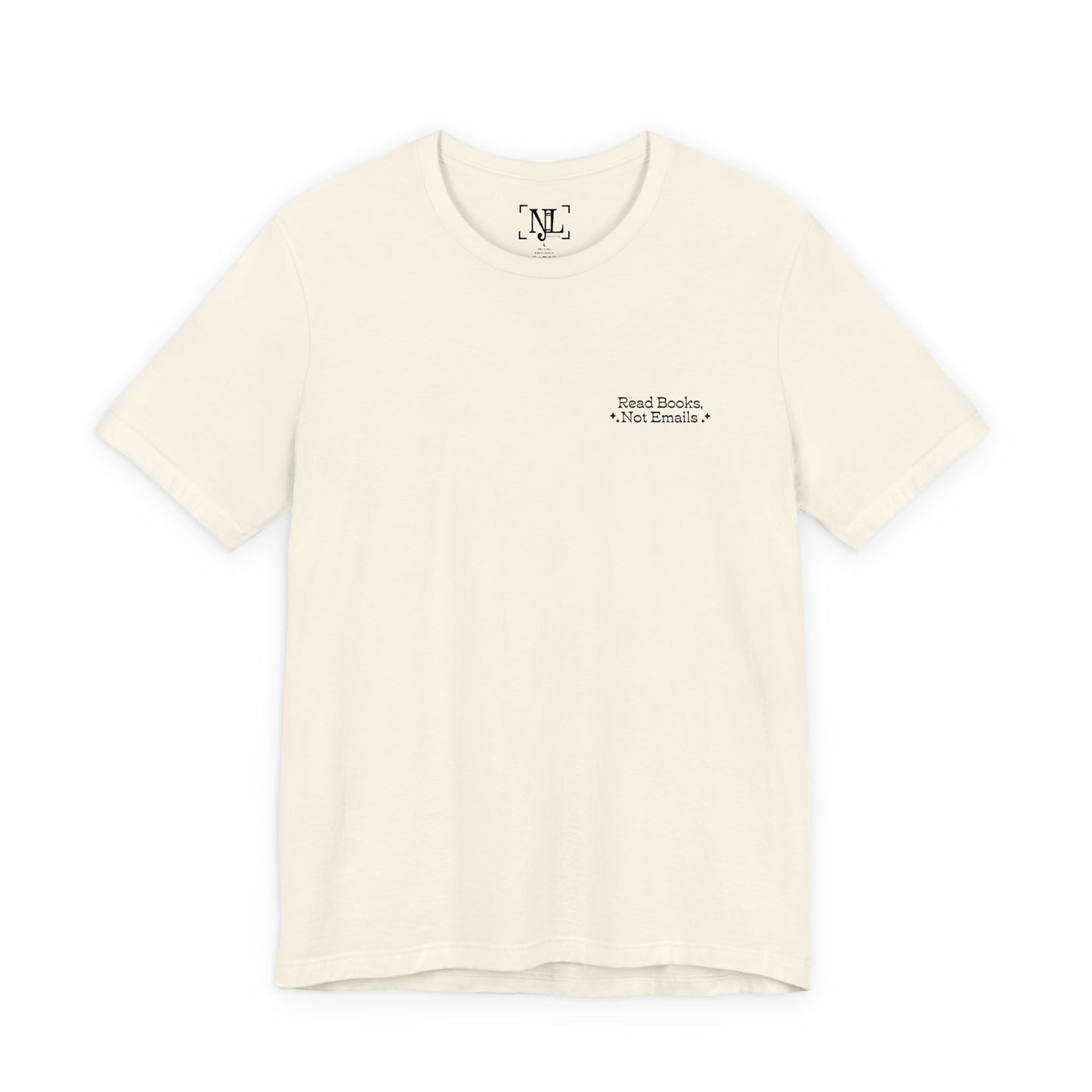 "Read Books, Not Emails - Embroidered Literary Tee (Black Text)