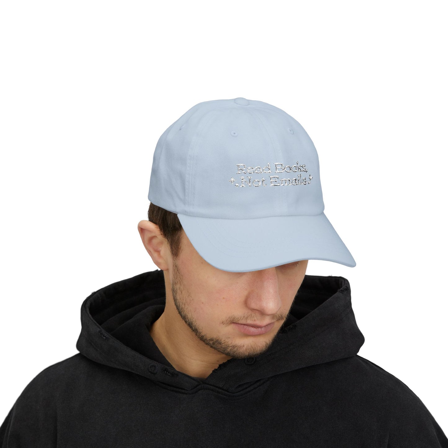 "Read Books Not Emails" - Embroidered Literary Dad Baseball Cap (White Text)